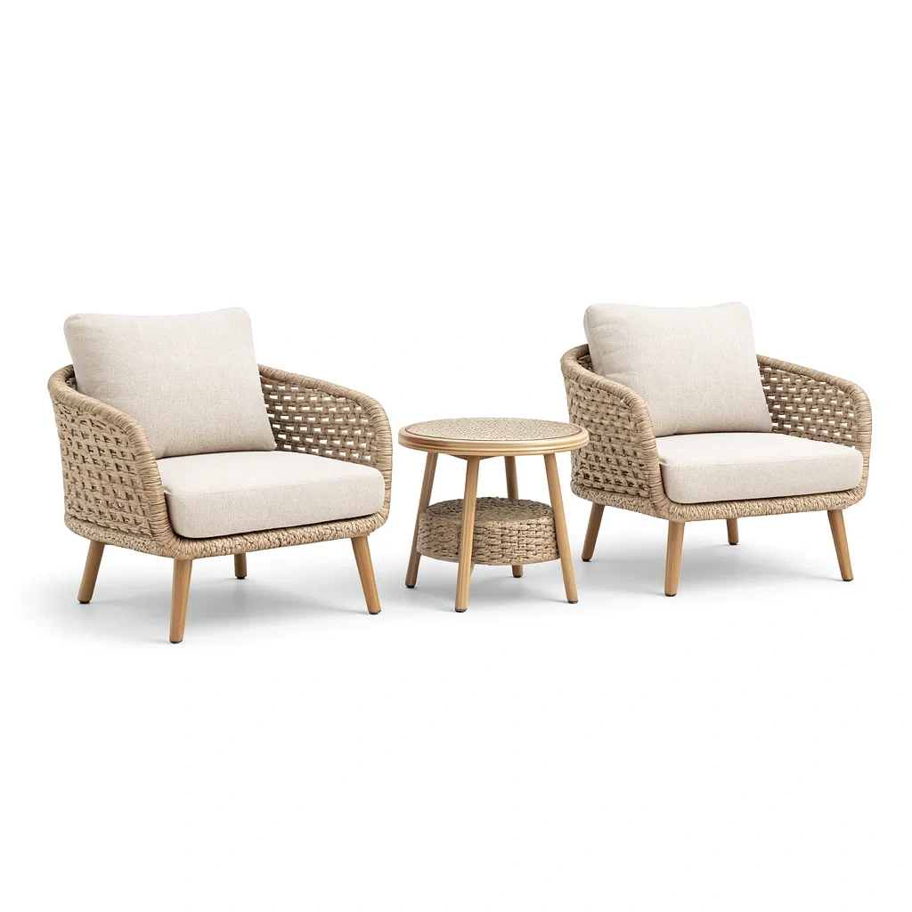 Small leisure set Woven Rope Outdoor Chair and Table with Beige Cushions-Mobieta