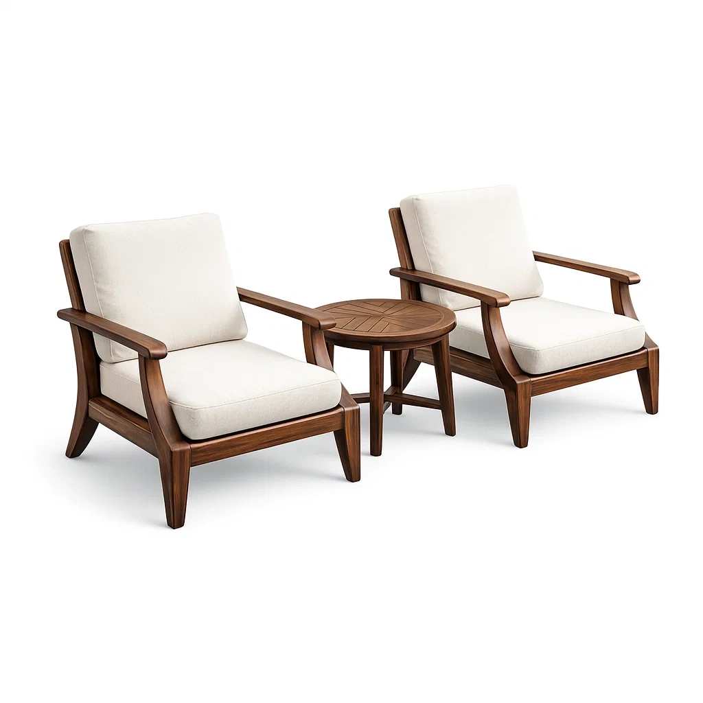 Small leisure set Teak Wood Outdoor Lounge Chair and Side Table with Beige Cushions-Mobieta