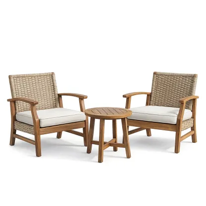 Small leisure set 3 Piece Teak Lounge with Woven Backrest and Cushion-Mobieta