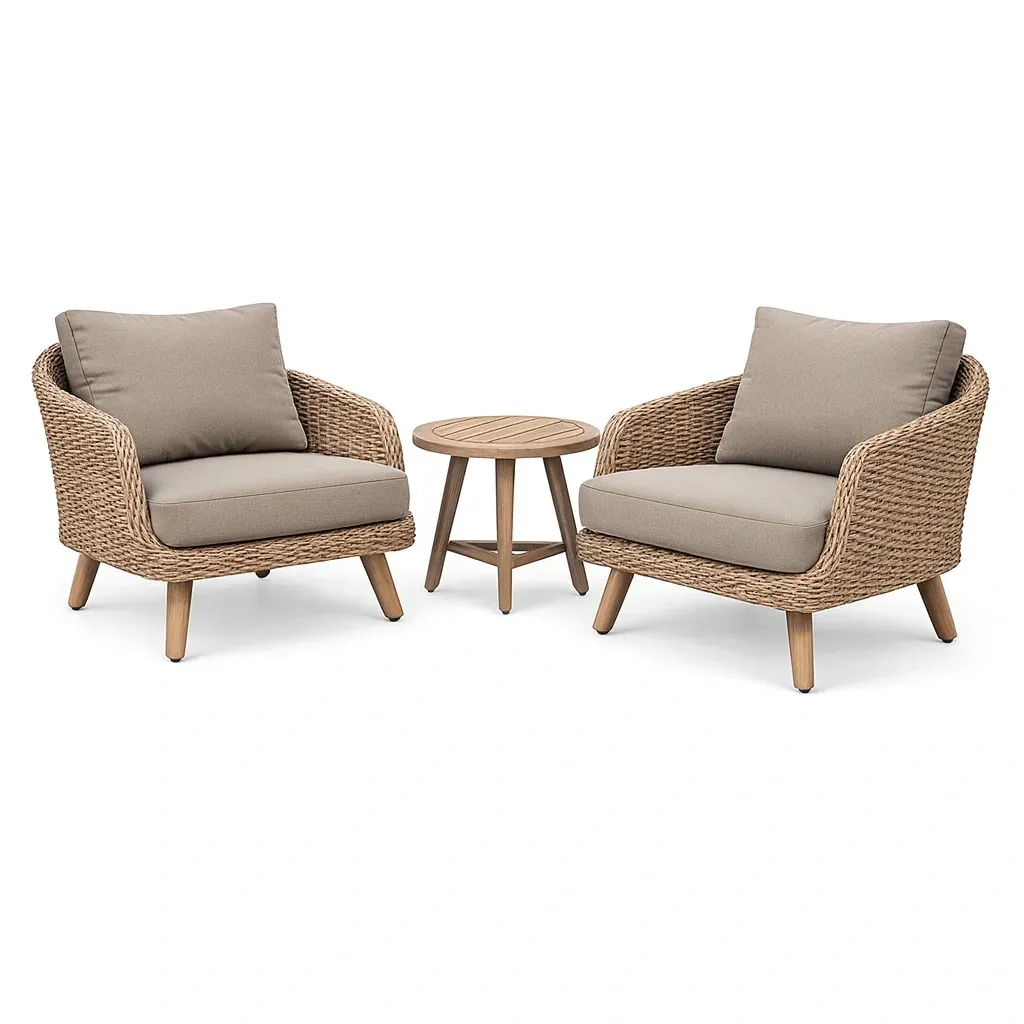 Small leisure set Outdoor Rattan Lounge Chair with Round Table Beige Cushions-Mobieta