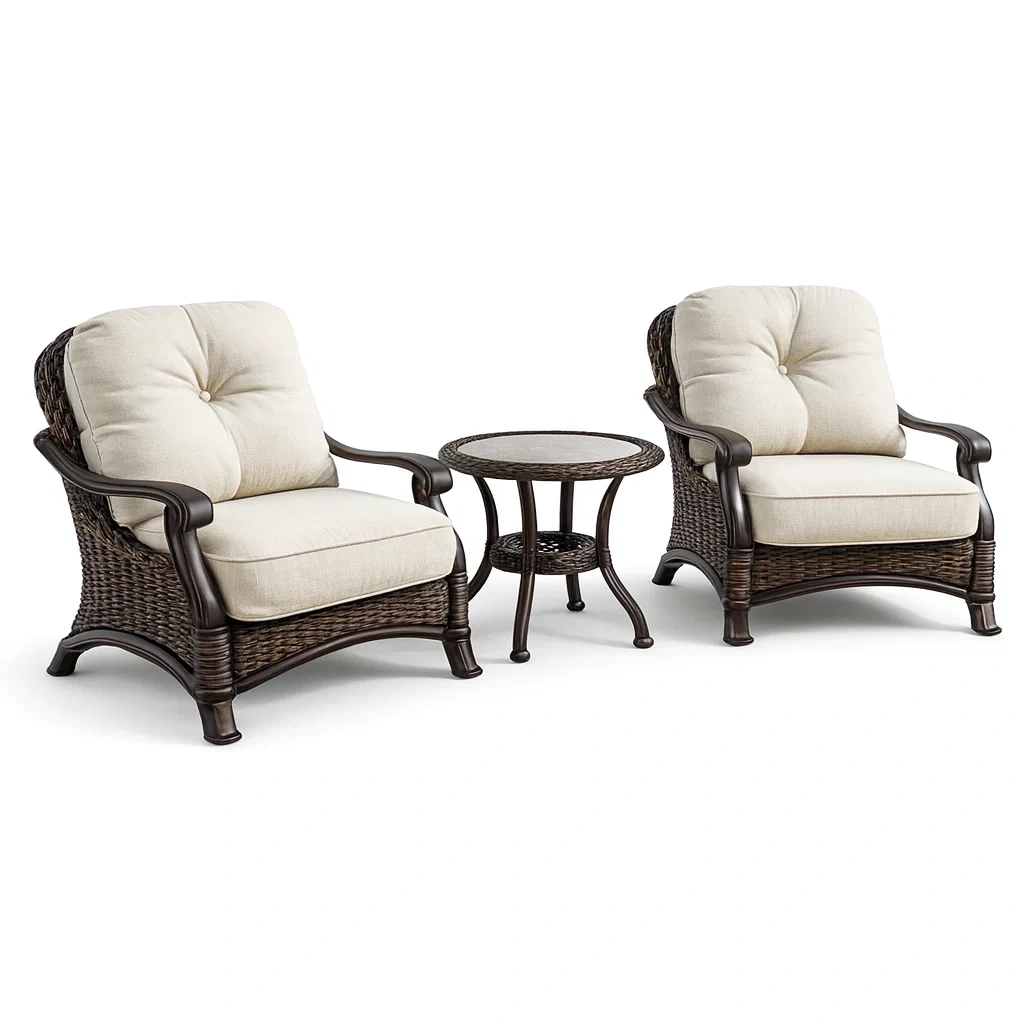 Small leisure set Outdoor Lounge Chair and Table Woven Rattan Beige Cushions-Mobieta