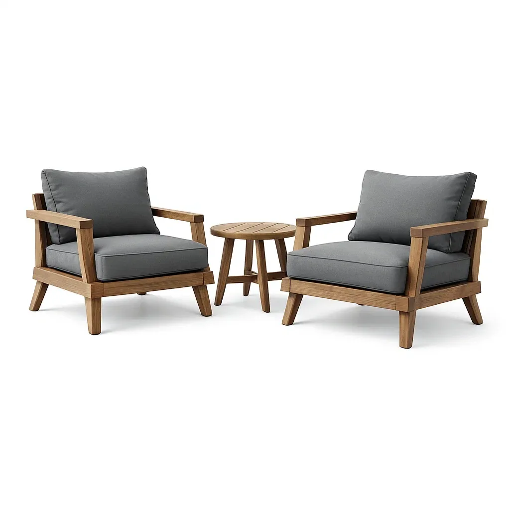 Small leisure set Teak Wood Outdoor Lounge Chair with Table and Grey Polyester Cushions-Mobieta