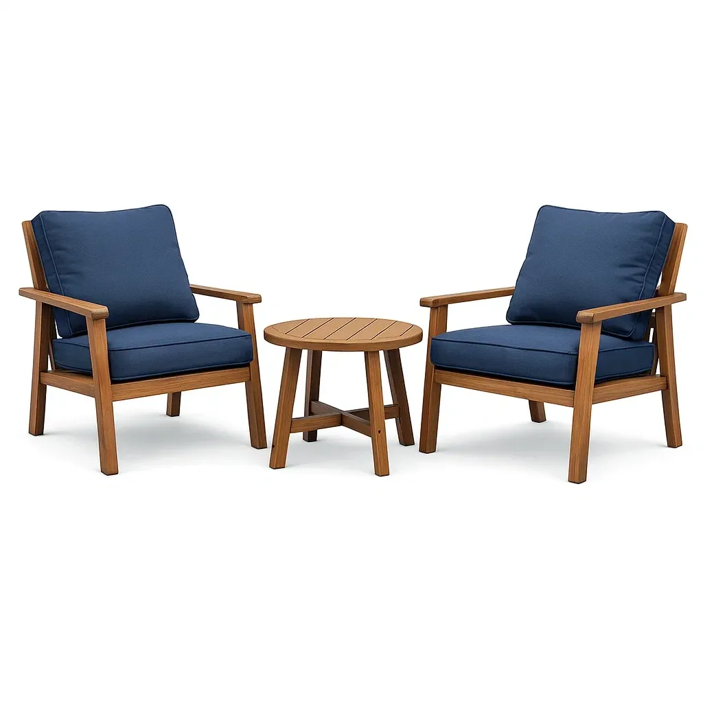 Small leisure set Acacia Wood Outdoor Seating with Blue Polyester Cushions and Round Table-Mobieta