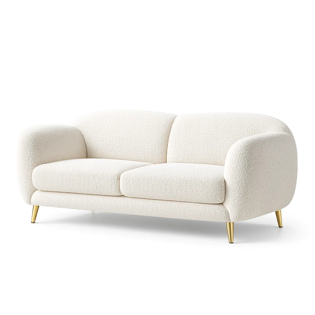Sofa Ivory Bouclé Upholstered Two Seater with Metal Legs-Mobieta