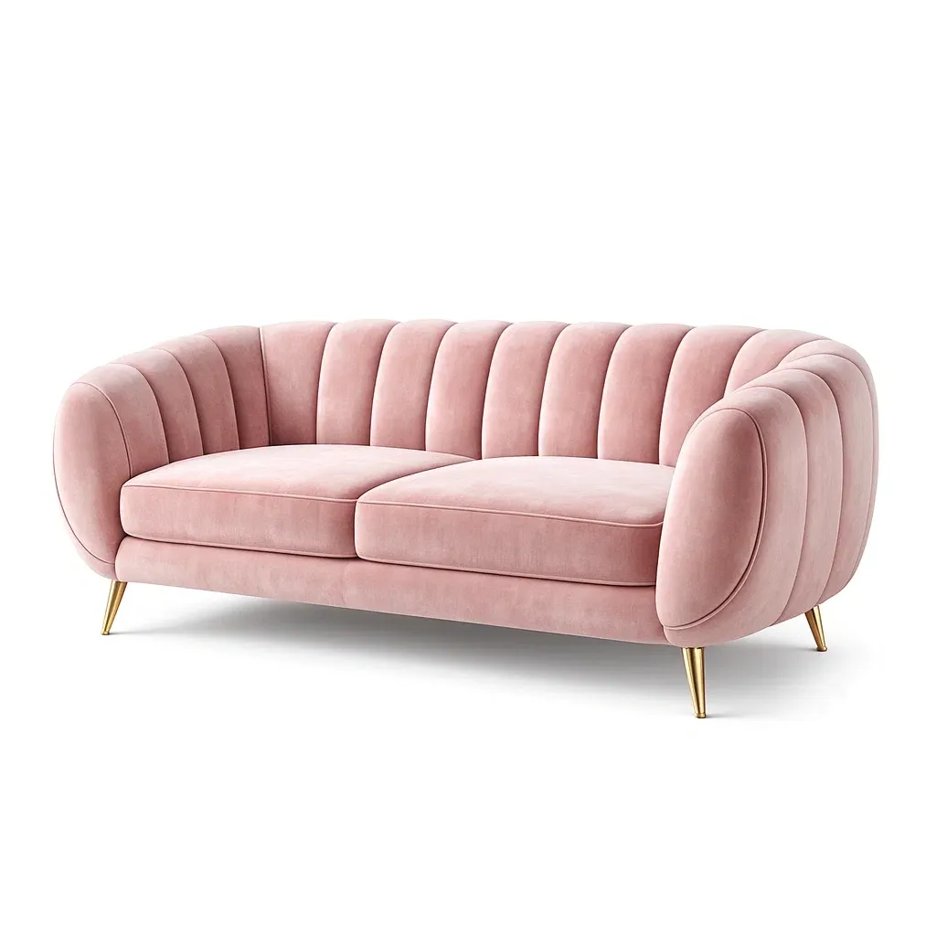 Sofa Velvet Three Seater Pink with Gold Metal Legs-Mobieta