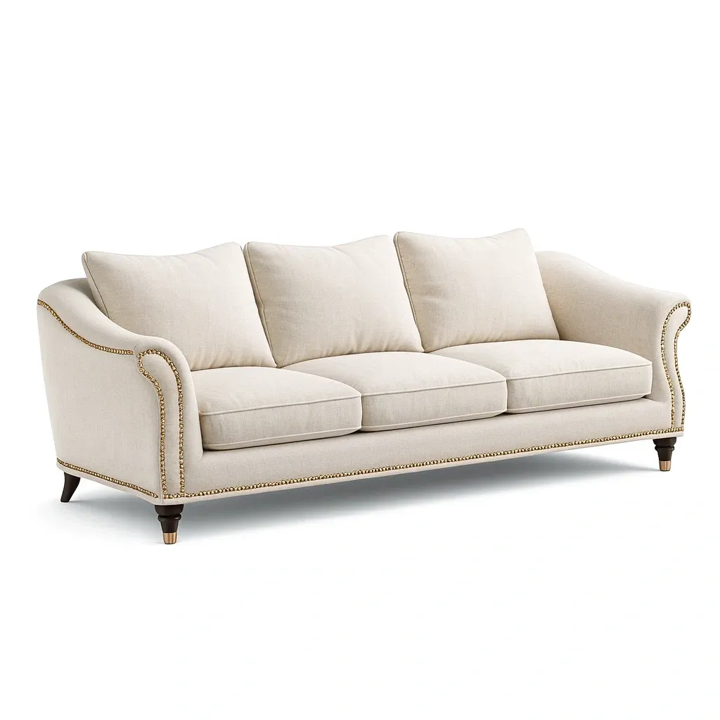 Sofa Three Seater Beige Linen Fabric with Brass Nailhead Trim-Mobieta