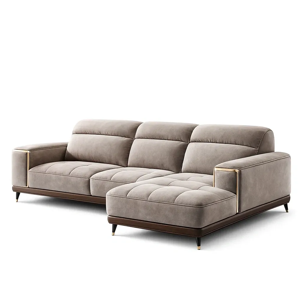 Sofa L Shaped Grey Velvet with Wooden Frame and Foam Padding-Mobieta
