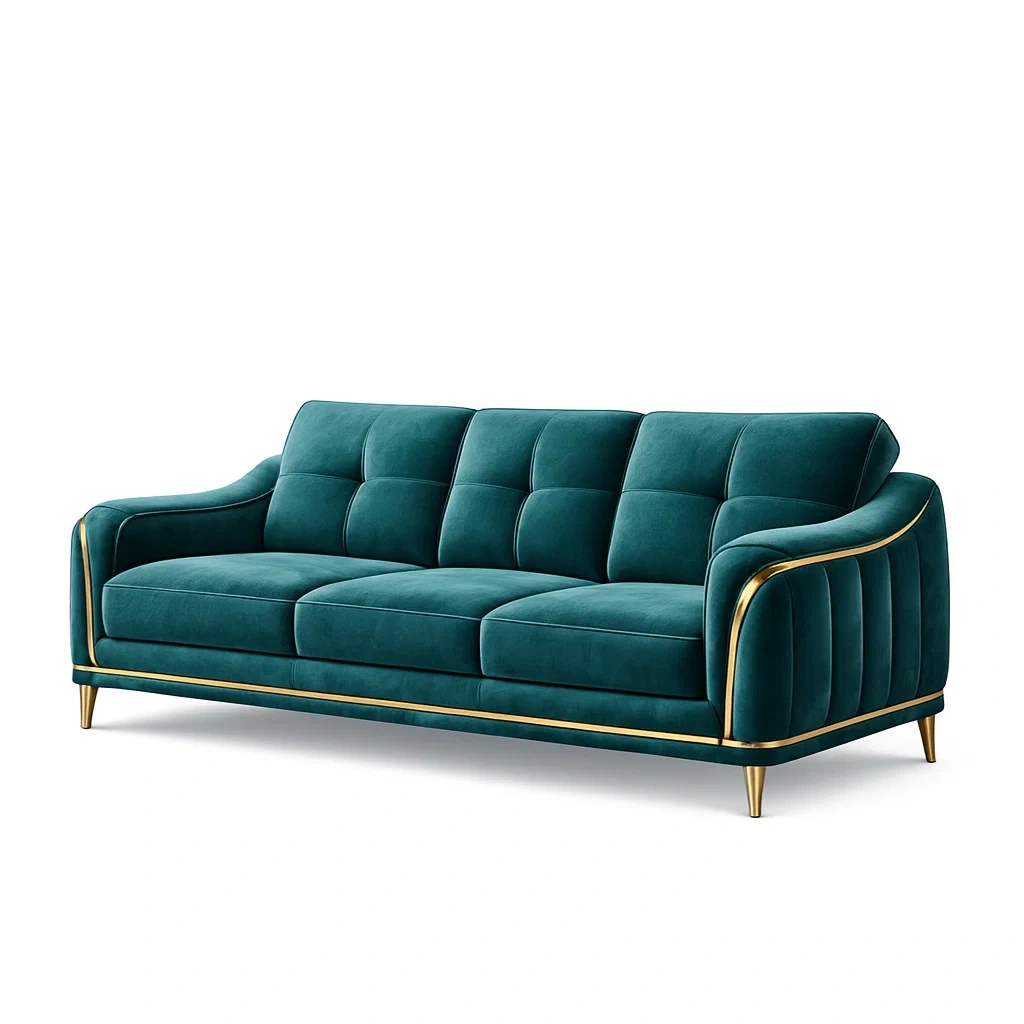 Sofa Teal Velvet with Gold Accents and Metal Legs-Mobieta