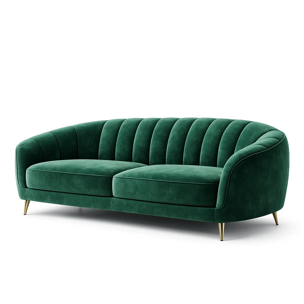 Sofa Green Velvet Curved with Metal Legs-Mobieta