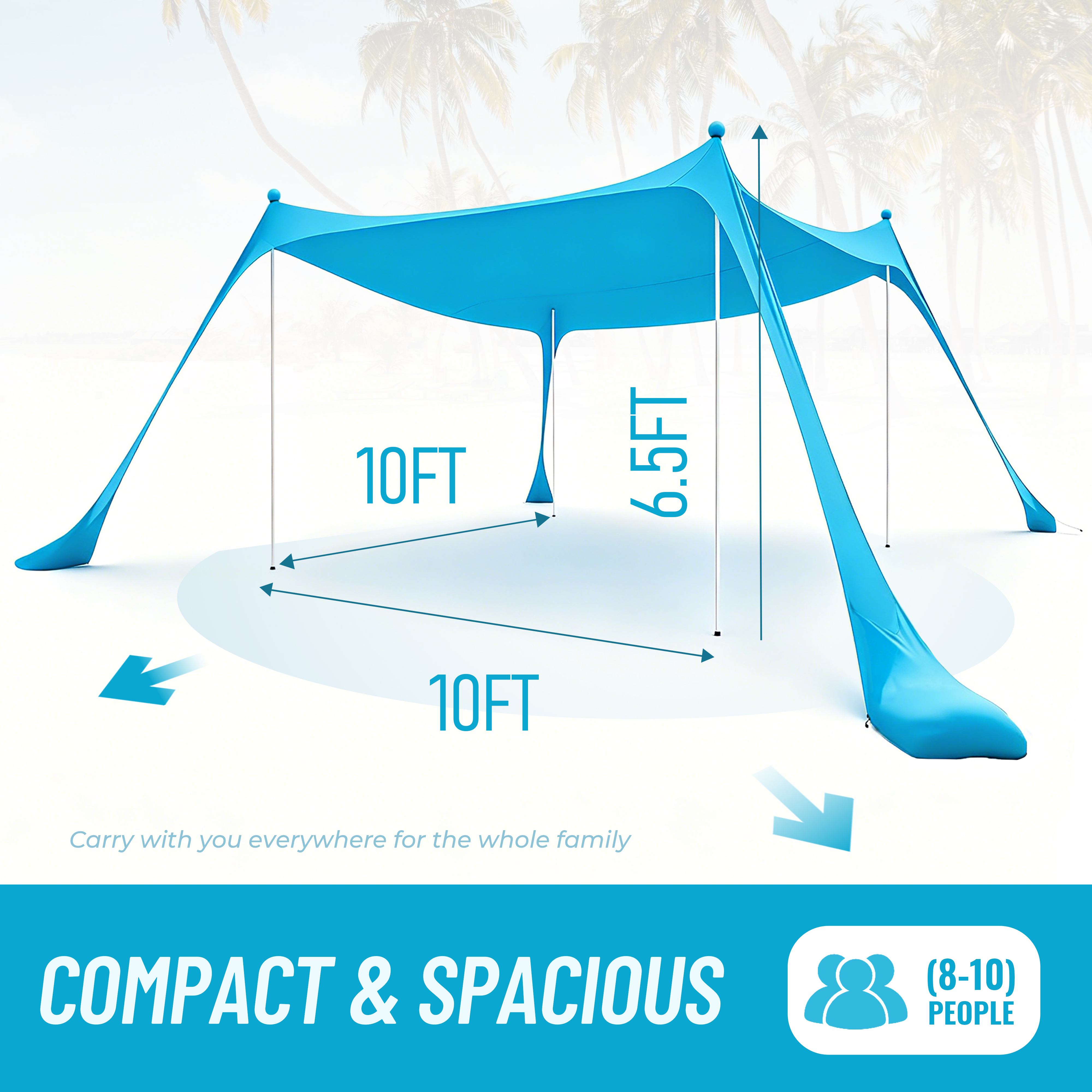 Farest Beach Canopy Beach Tent UPF 50+ 11 x 11 FT Easy Setup Sun Shelter with Extra Windproof Ropes, 4 Stability Poles and Sandbags, Outdoor Beach Shade Canopy for Camping, Picnics and Family