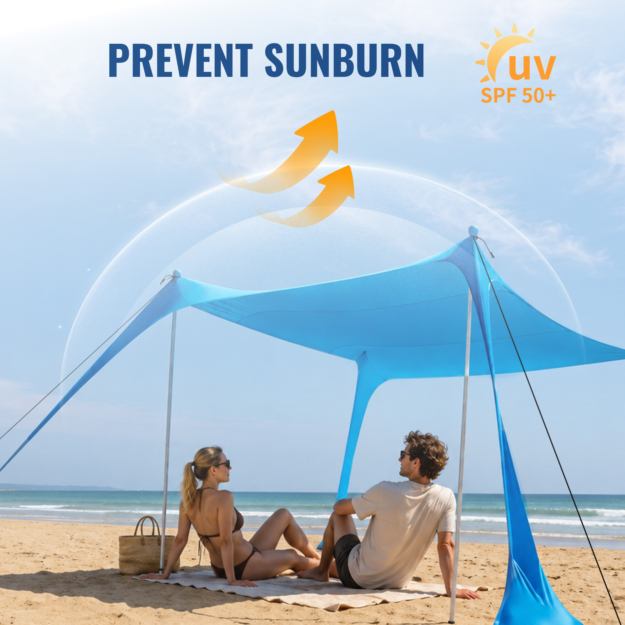 Beach Canopy Beach Tent UPF50+ 11x11 FT Easy to Setup Extra Windproof Rope Sun Shelter Beach Shade Canopy with 4 Stability Poles Outdoor Shade for Beach Camping Family