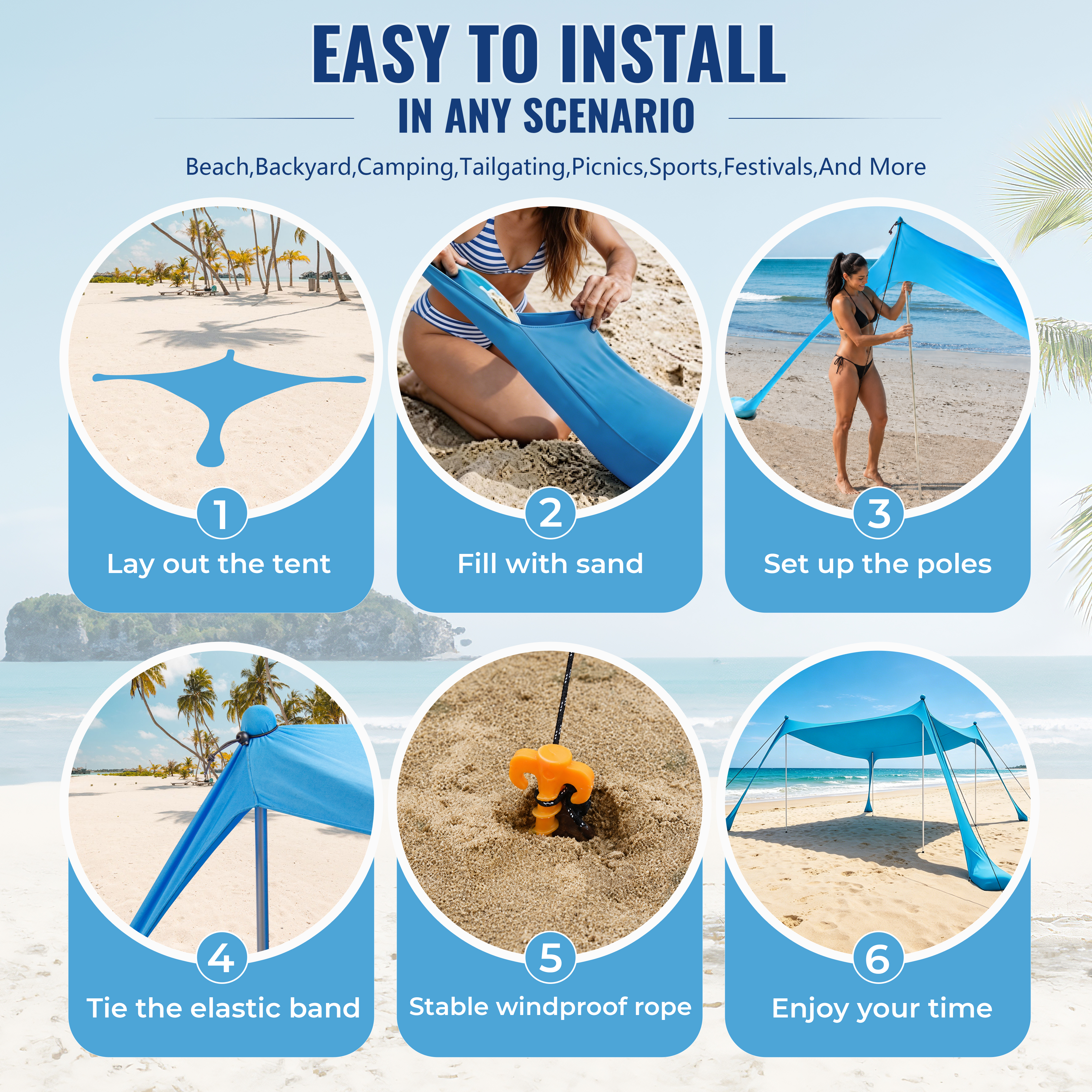 Farest Beach Canopy Beach Tent UPF 50+ 11 x 11 FT Easy Setup Sun Shelter with Extra Windproof Ropes, 4 Stability Poles and Sandbags, Outdoor Beach Shade Canopy for Camping, Picnics and Family