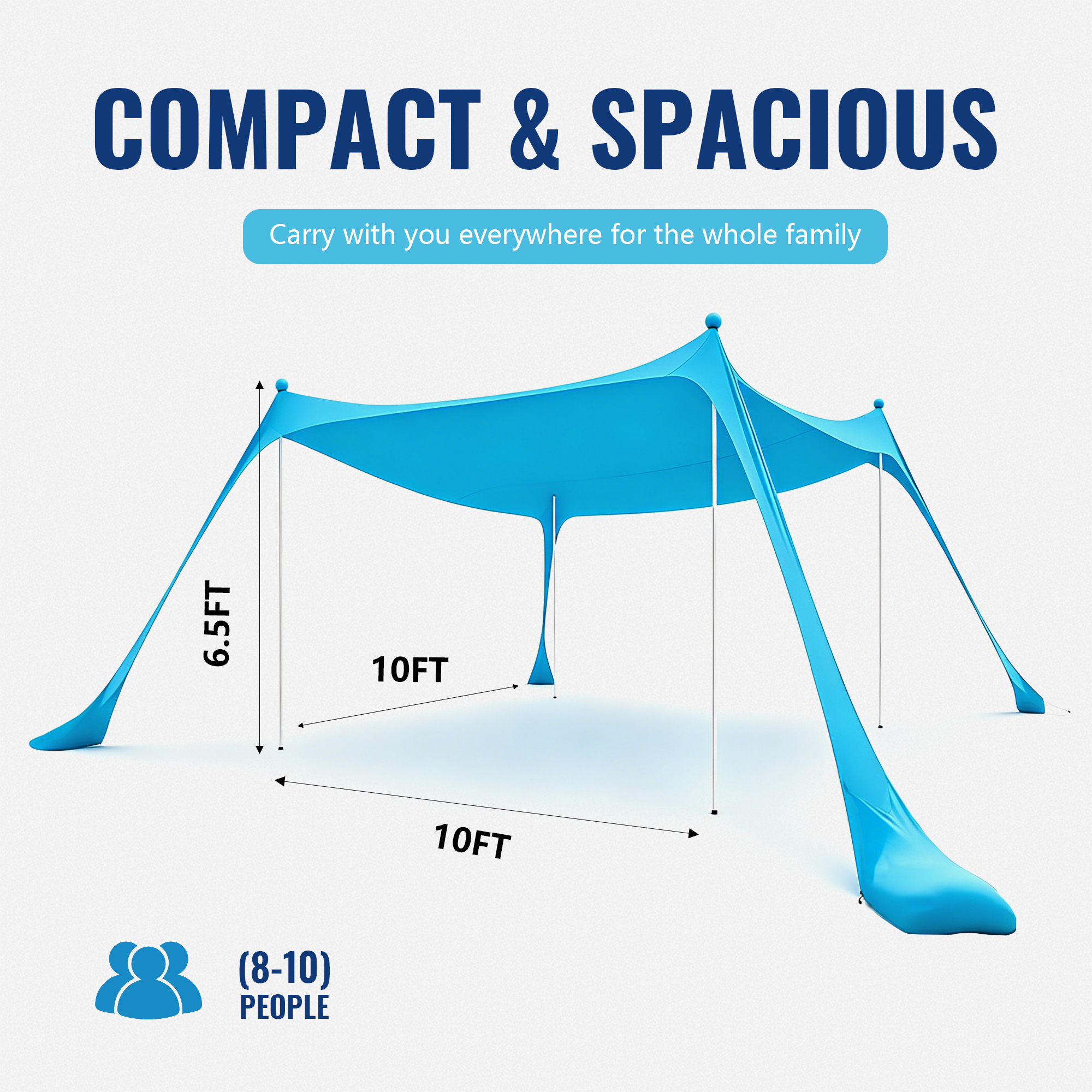 Beach Canopy Beach Tent UPF50+ 11x11 FT Easy to Setup Extra Windproof Rope Sun Shelter Beach Shade Canopy with 4 Stability Poles Outdoor Shade for Beach Camping Family