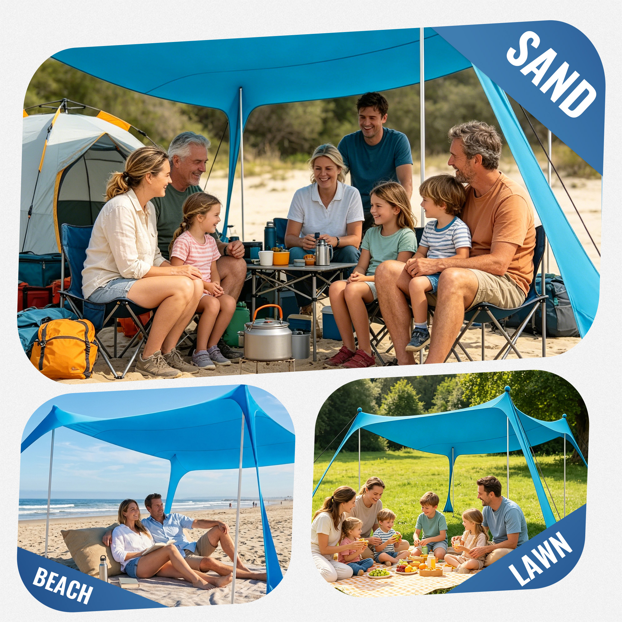 Beach Canopy Beach Tent UPF50+ 11x11 FT Easy to Setup Extra Windproof Rope Sun Shelter Beach Shade Canopy with 4 Stability Poles Outdoor Shade for Beach Camping Family