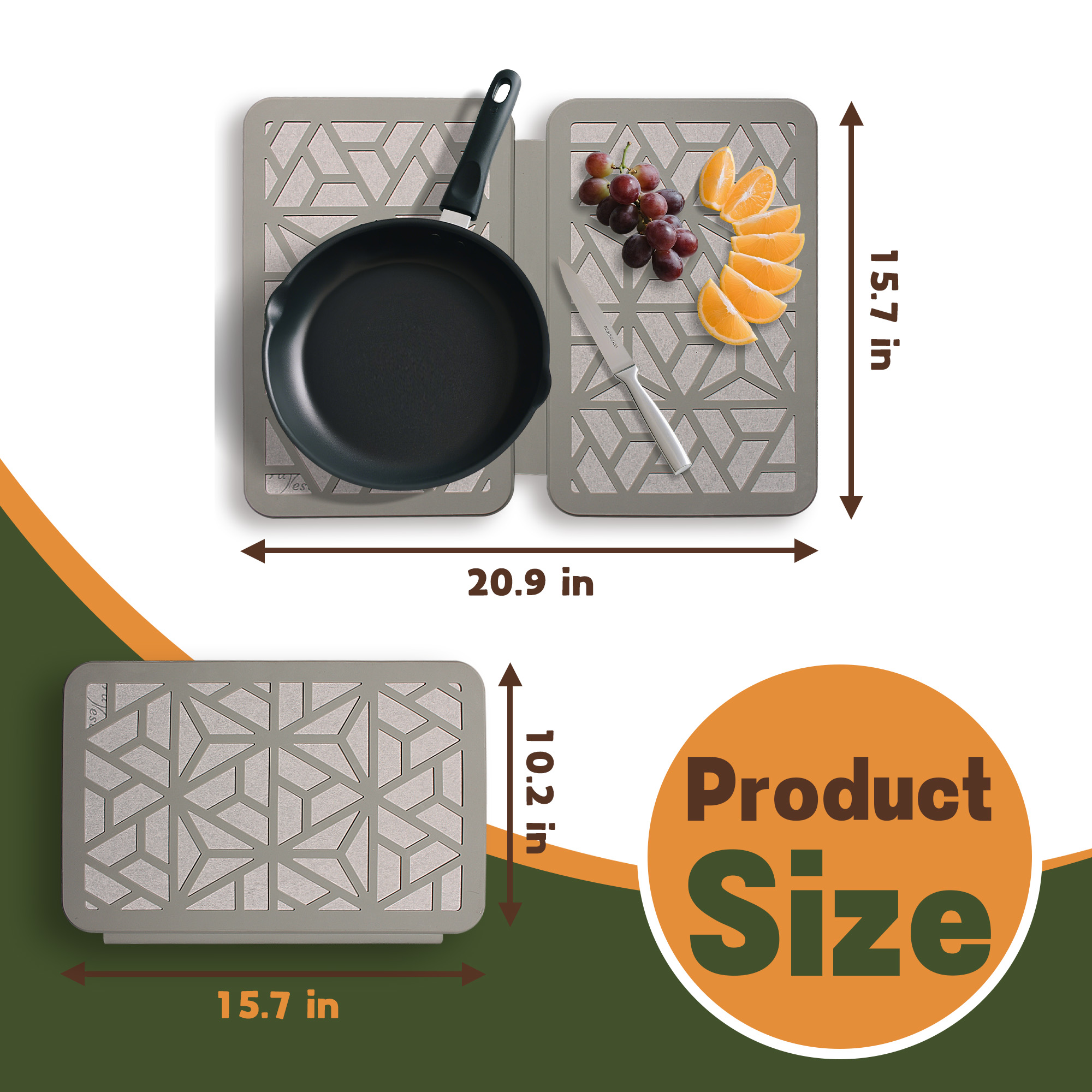 Stone Dish Drying Mat – Quick-Drying, Super-Absorbent Foldable Kitchen Pad with Silicone Webbing for Dish Protection, Fast Drying, Light Grey
