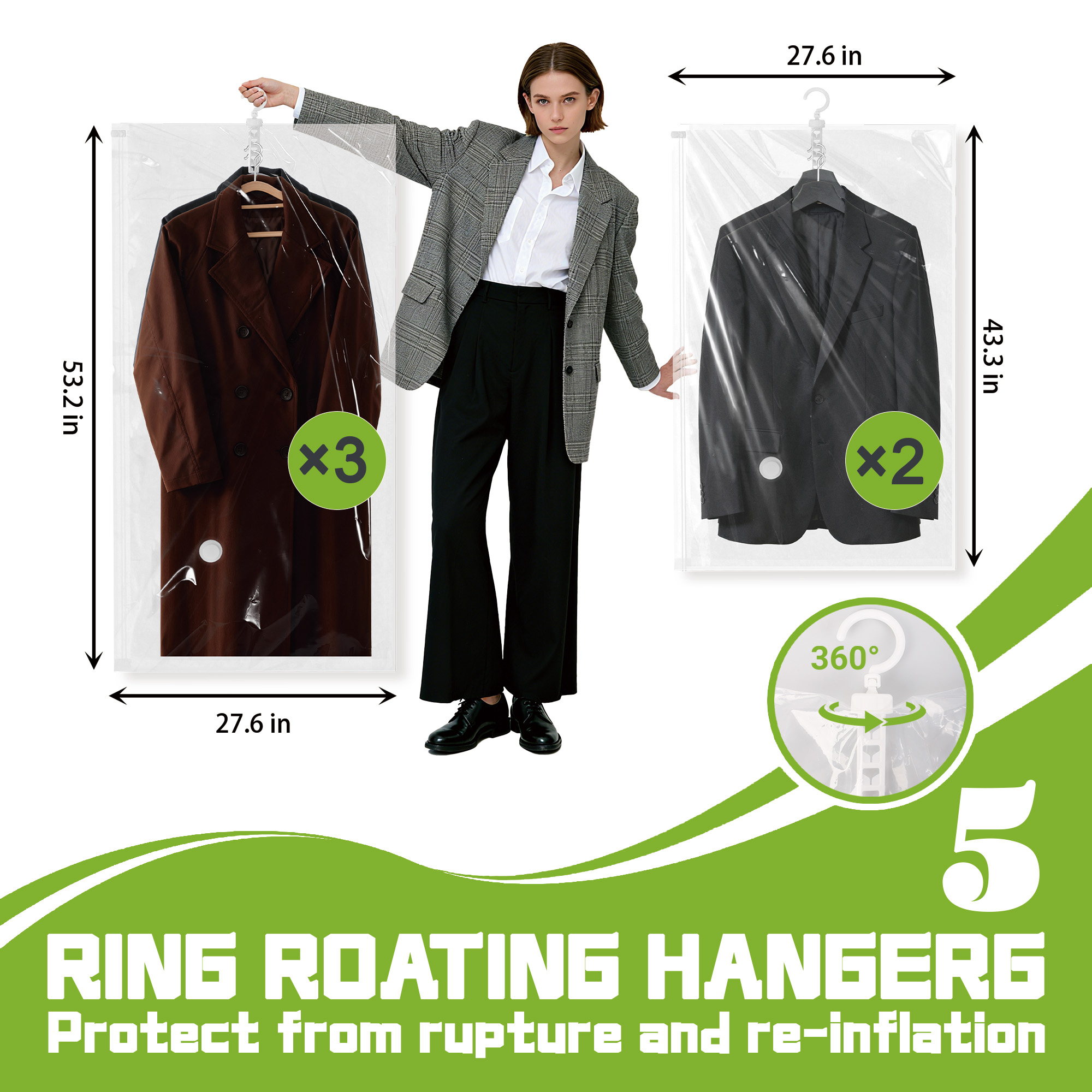 Hanging Vacuum Storage Bags Space Saver Bags, Vacuum Sealer Bags for Clothing, Suits and Jackets, Closet Organizers and Storage, (3 Long, 2 Short) Clear