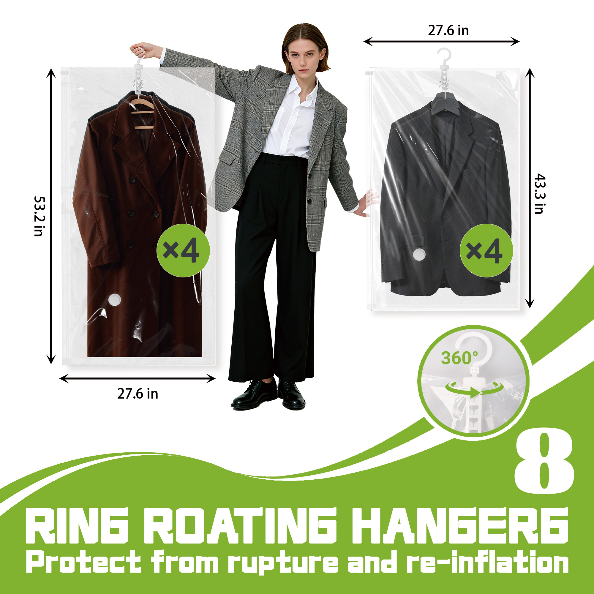 Hanging Vacuum Storage Bags Space Saver Bags, Vacuum Sealer Bags for Clothing, Suits and Jackets, Closet Organizers and Storage, (4 Long, 4 Short) Clear