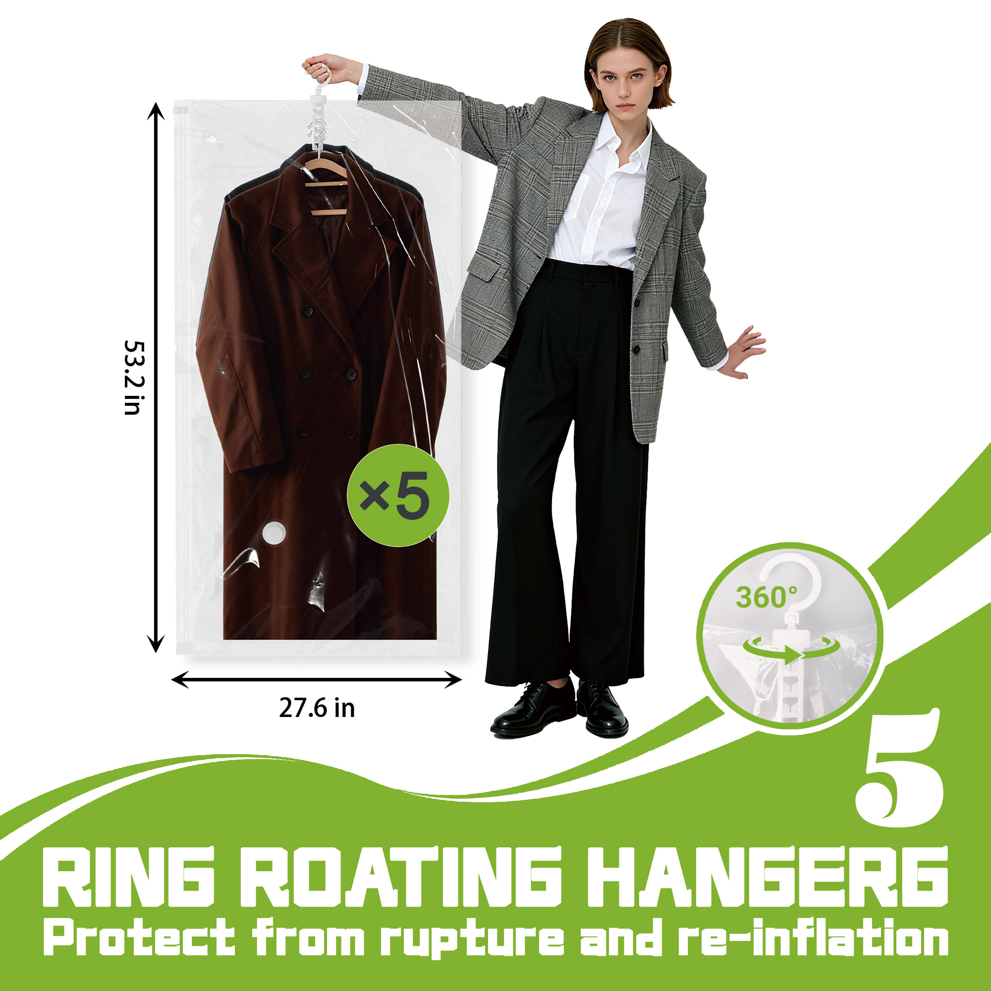 Hanging Vacuum Storage Bags Space Saver Bags, Vacuum Sealer Bags for Clothing, Suits and Jackets, Closet Organizers and Storage, (5 Long) Clear