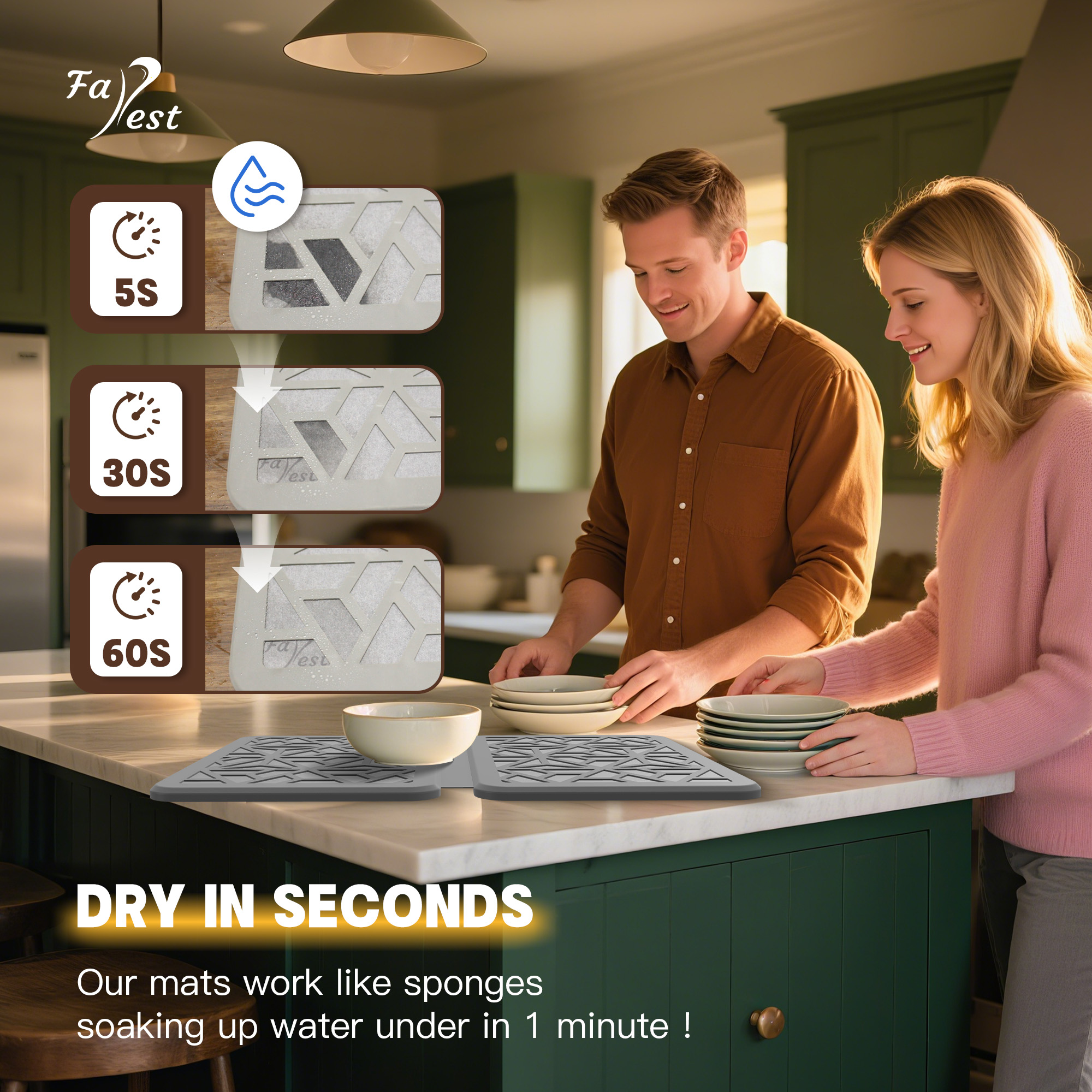 Stone Dish Drying Mat – Quick-Drying, Super-Absorbent Foldable Kitchen Pad with Silicone Webbing for Dish Protection, Fast Drying, Light Grey