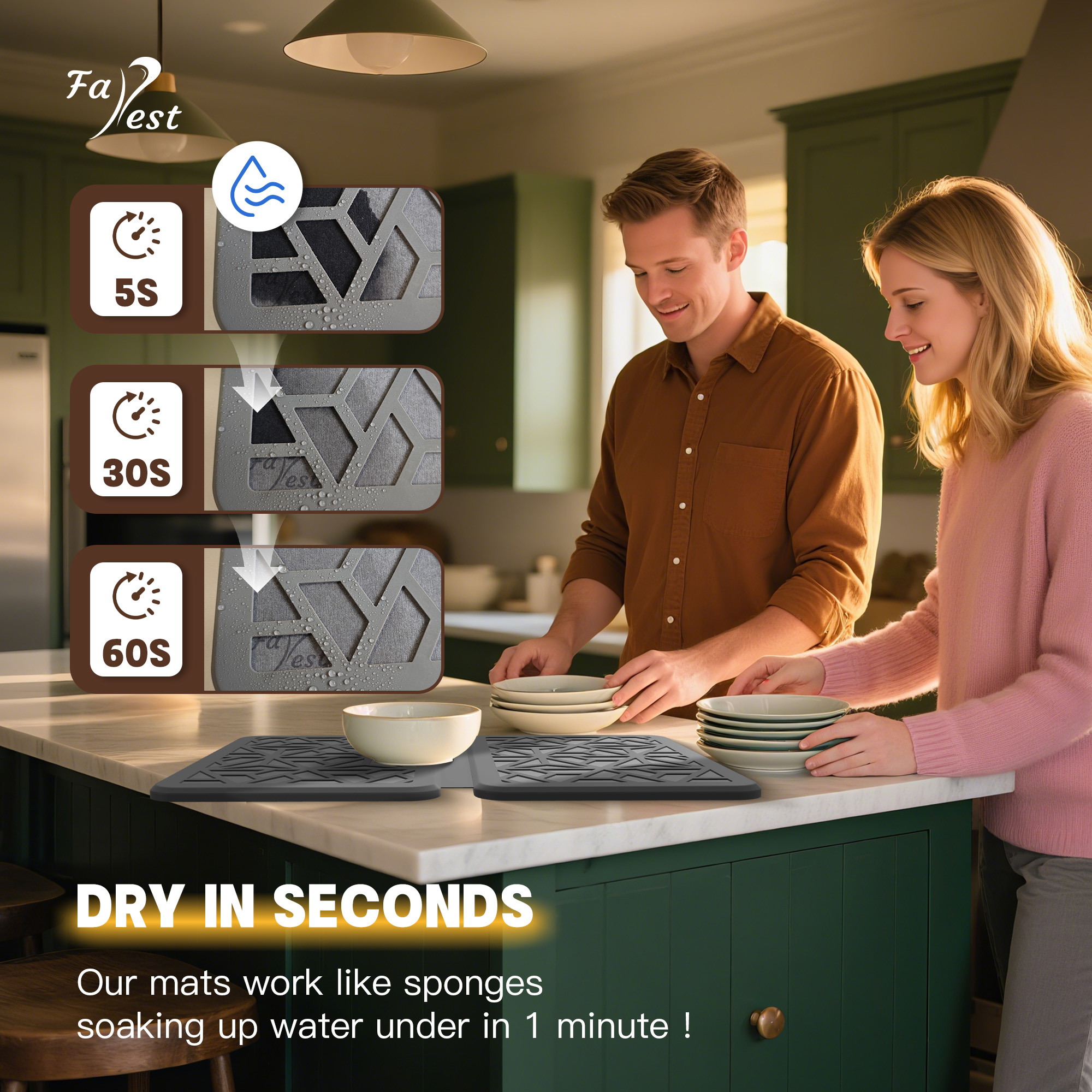 Farest Stone Dish Drying Mat – Quick-Drying, Super-Absorbent Foldable Kitchen Pad with Silicone Webbing for Dish Protection, Fast Drying, Dark Grey
