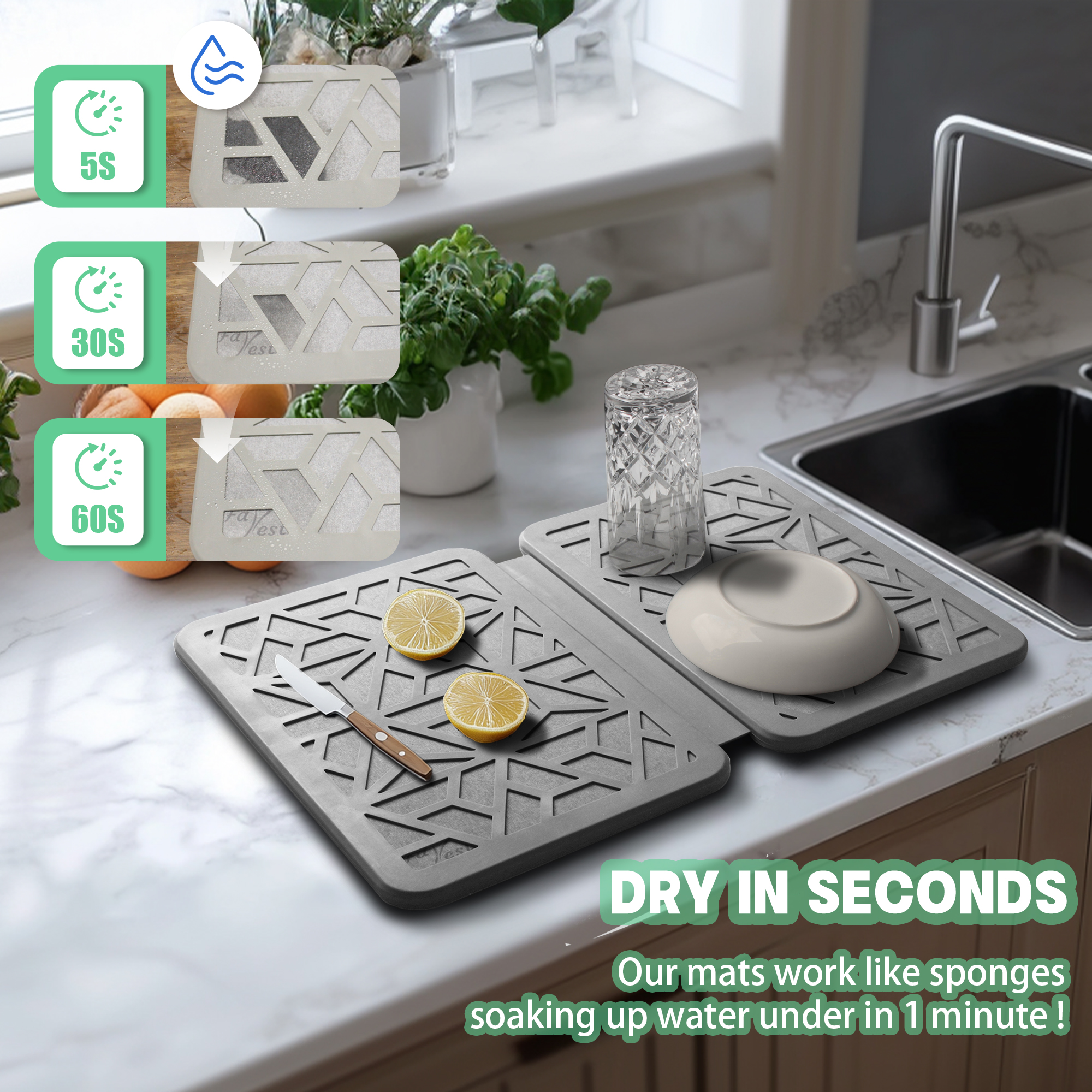 Farest Stone Dish Drying Mat – Quick Drying, Super-Absorbent Foldable Dry Pad with Silicone Webbing for Dish Protection, Fast-Drying, Light Grey