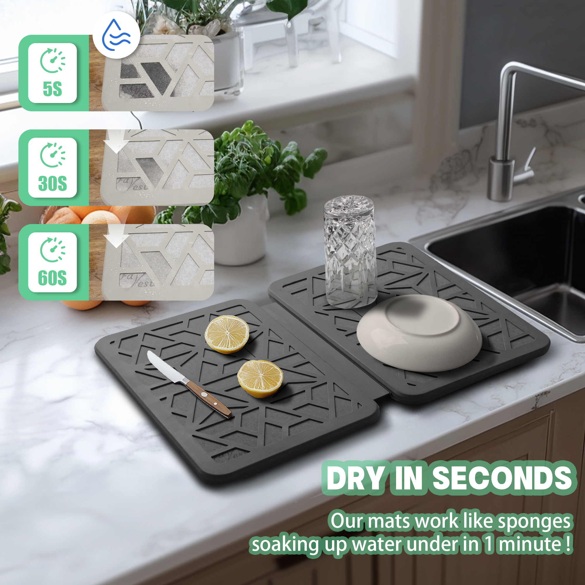 Farest Stone Dish Drying Mat – Quick Drying, Super-Absorbent Foldable Dish Pad with Silicone Webbing for Dish Protection, Fast-Drying, Dark Grey