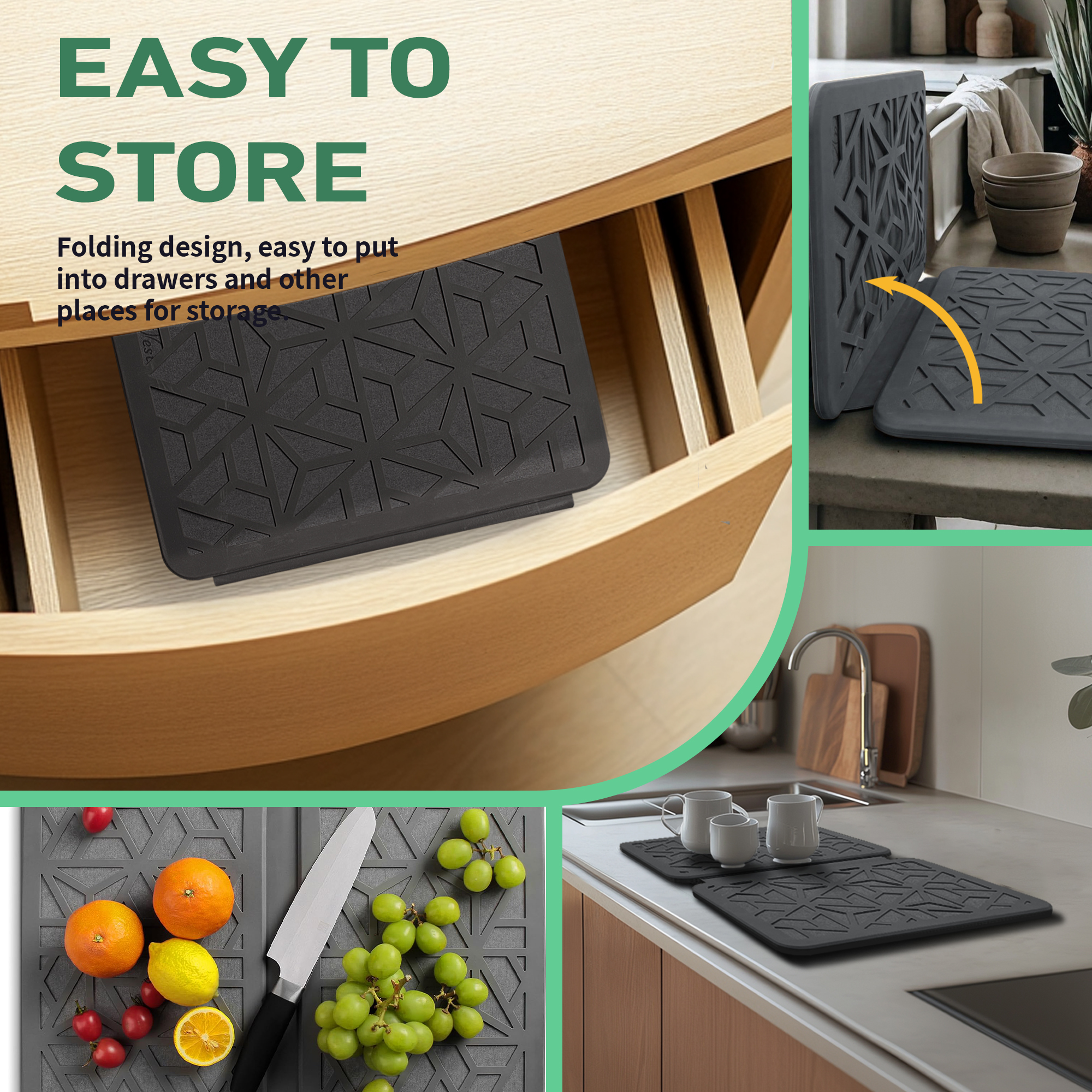 Farest Stone Dish Drying Mat – Quick Drying, Super-Absorbent Foldable Dish Pad with Silicone Webbing for Dish Protection, Fast-Drying, Dark Grey