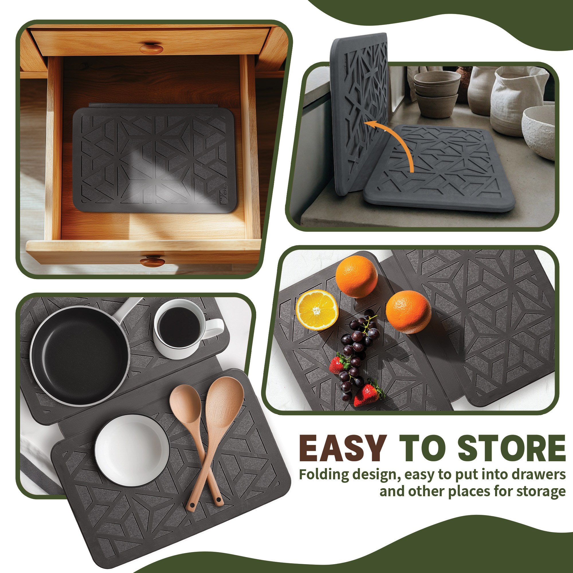 Farest Stone Dish Drying Mat – Quick-Drying, Super-Absorbent Foldable Kitchen Pad with Silicone Webbing for Dish Protection, Fast Drying, Dark Grey