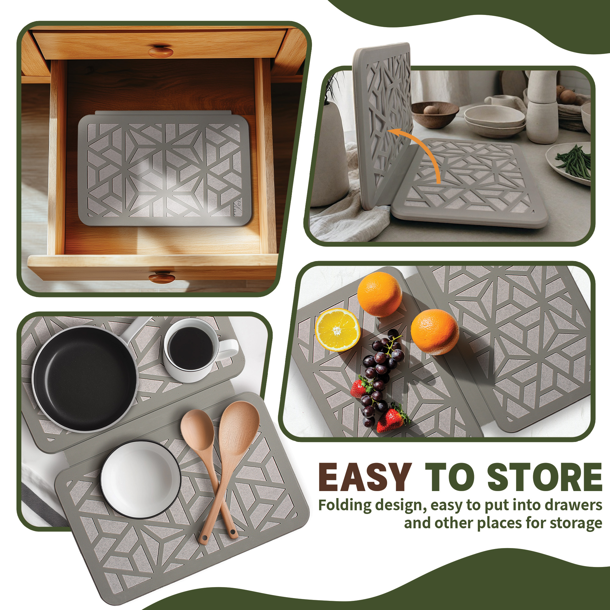Stone Dish Drying Mat – Quick-Drying, Super-Absorbent Foldable Kitchen Pad with Silicone Webbing for Dish Protection, Fast Drying, Light Grey