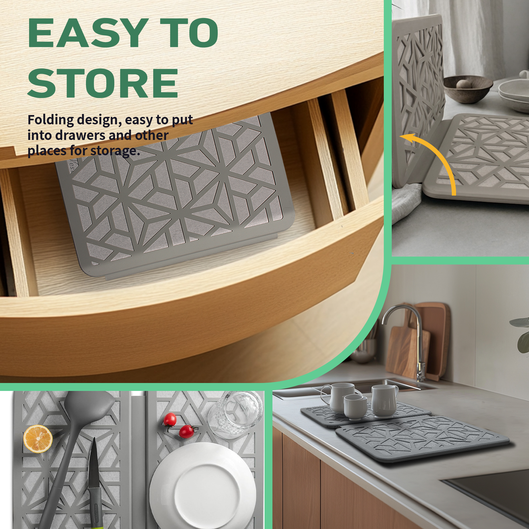 Farest Stone Dish Drying Mat – Quick Drying, Super-Absorbent Foldable Dry Pad with Silicone Webbing for Dish Protection, Fast-Drying, Light Grey