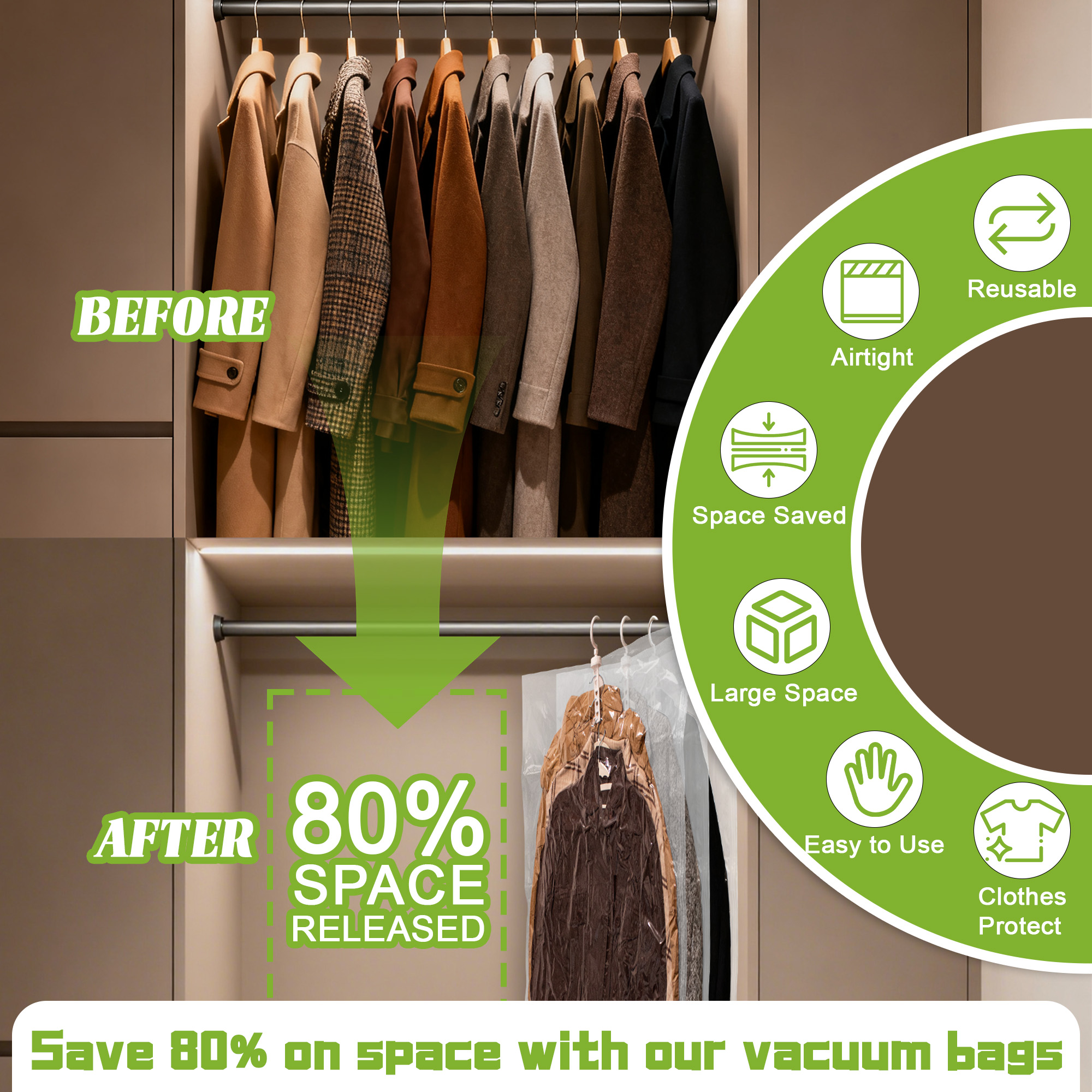 Hanging Vacuum Storage Bags Space Saver Bags, Vacuum Sealer Bags for Clothing, Suits and Jackets, Closet Organizers and Storage, (4 Long, 4 Short) Clear