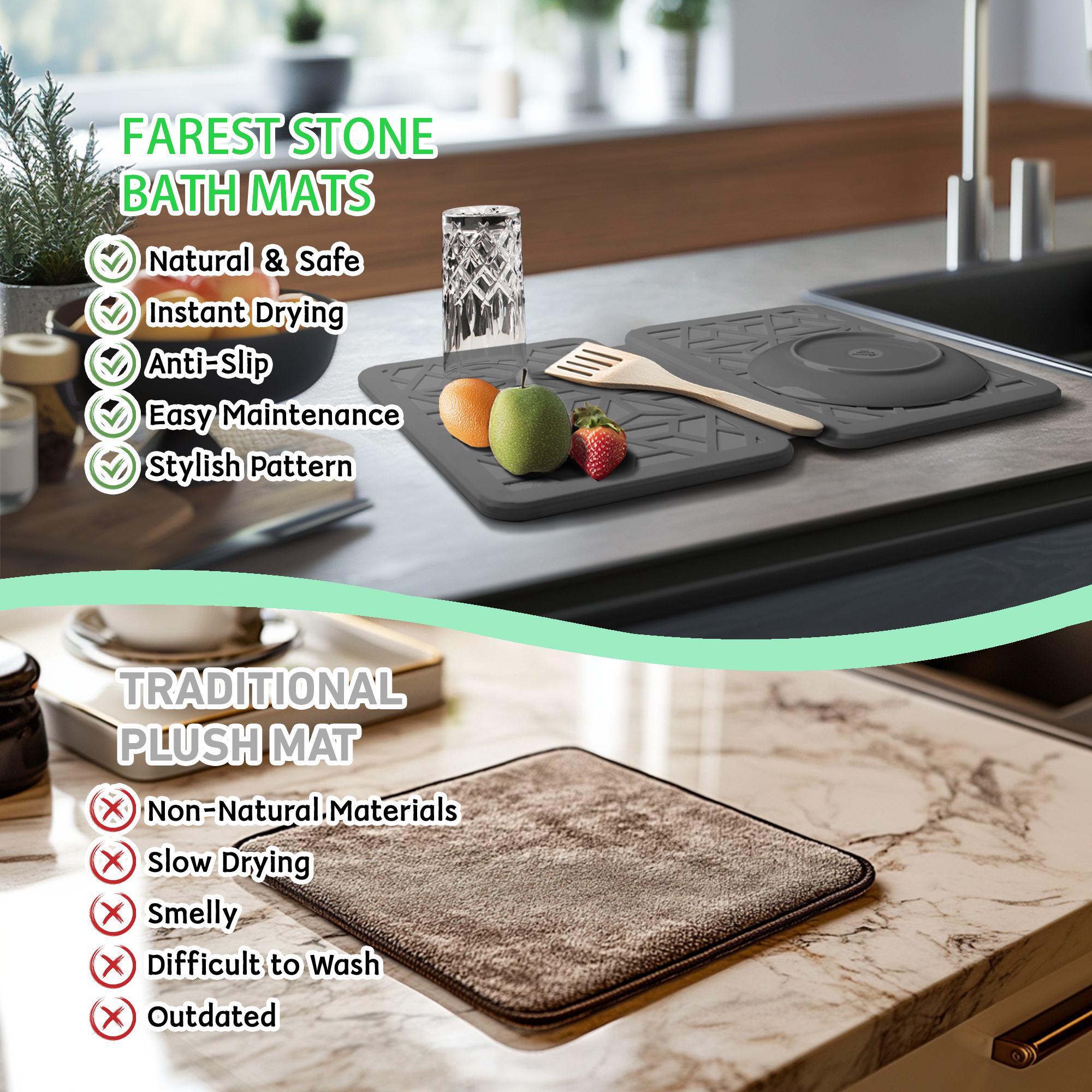 Farest Stone Dish Drying Mat – Quick Drying, Super-Absorbent Foldable Dish Pad with Silicone Webbing for Dish Protection, Fast-Drying, Dark Grey