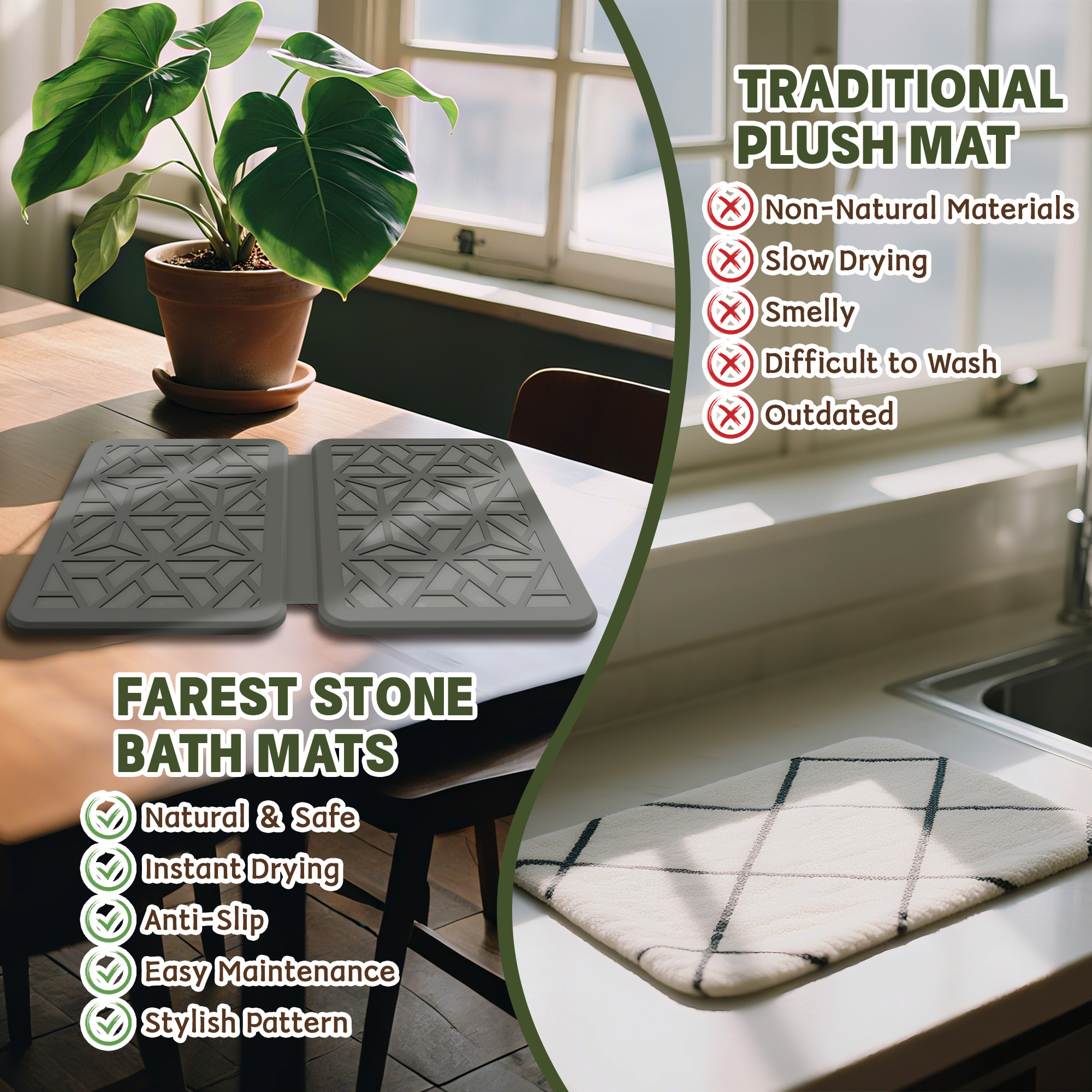 Farest Stone Dish Drying Mat – Quick-Drying, Super-Absorbent Foldable Kitchen Pad with Silicone Webbing for Dish Protection, Fast Drying, Dark Grey