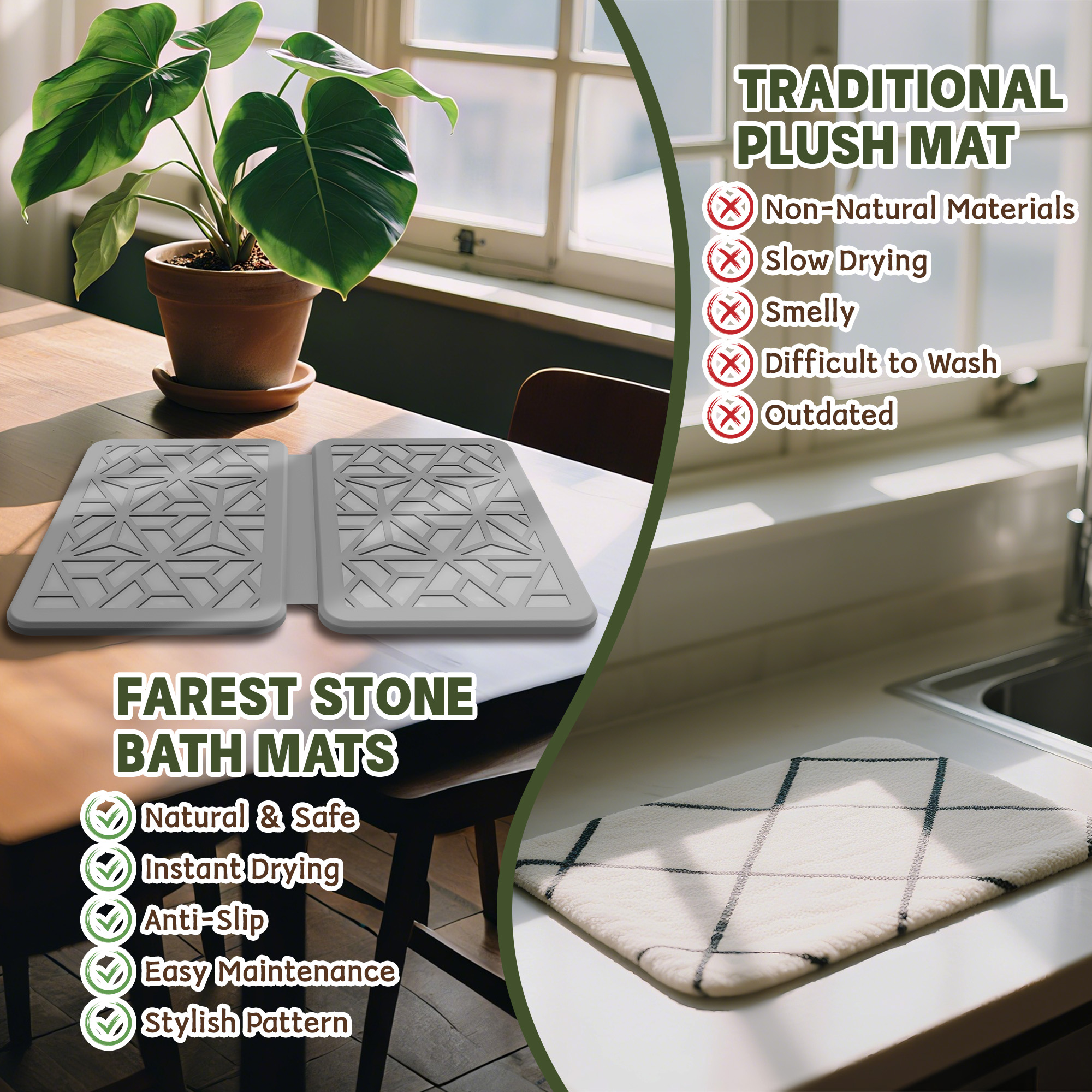 Stone Dish Drying Mat – Quick-Drying, Super-Absorbent Foldable Kitchen Pad with Silicone Webbing for Dish Protection, Fast Drying, Light Grey