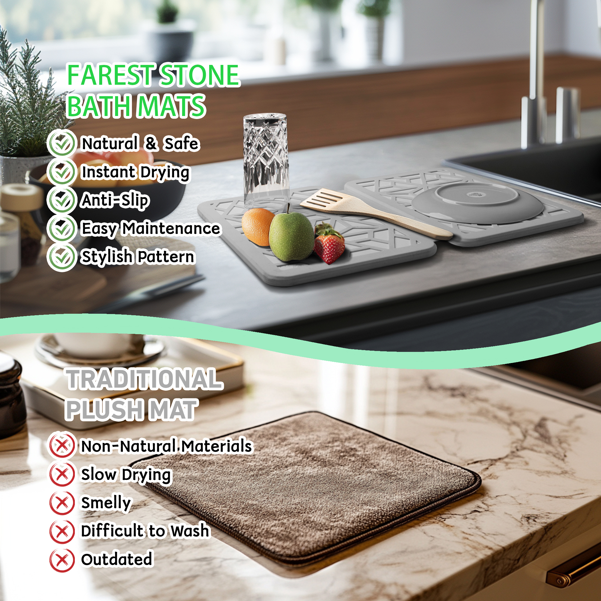 Farest Stone Dish Drying Mat – Quick Drying, Super-Absorbent Foldable Dry Pad with Silicone Webbing for Dish Protection, Fast-Drying, Light Grey