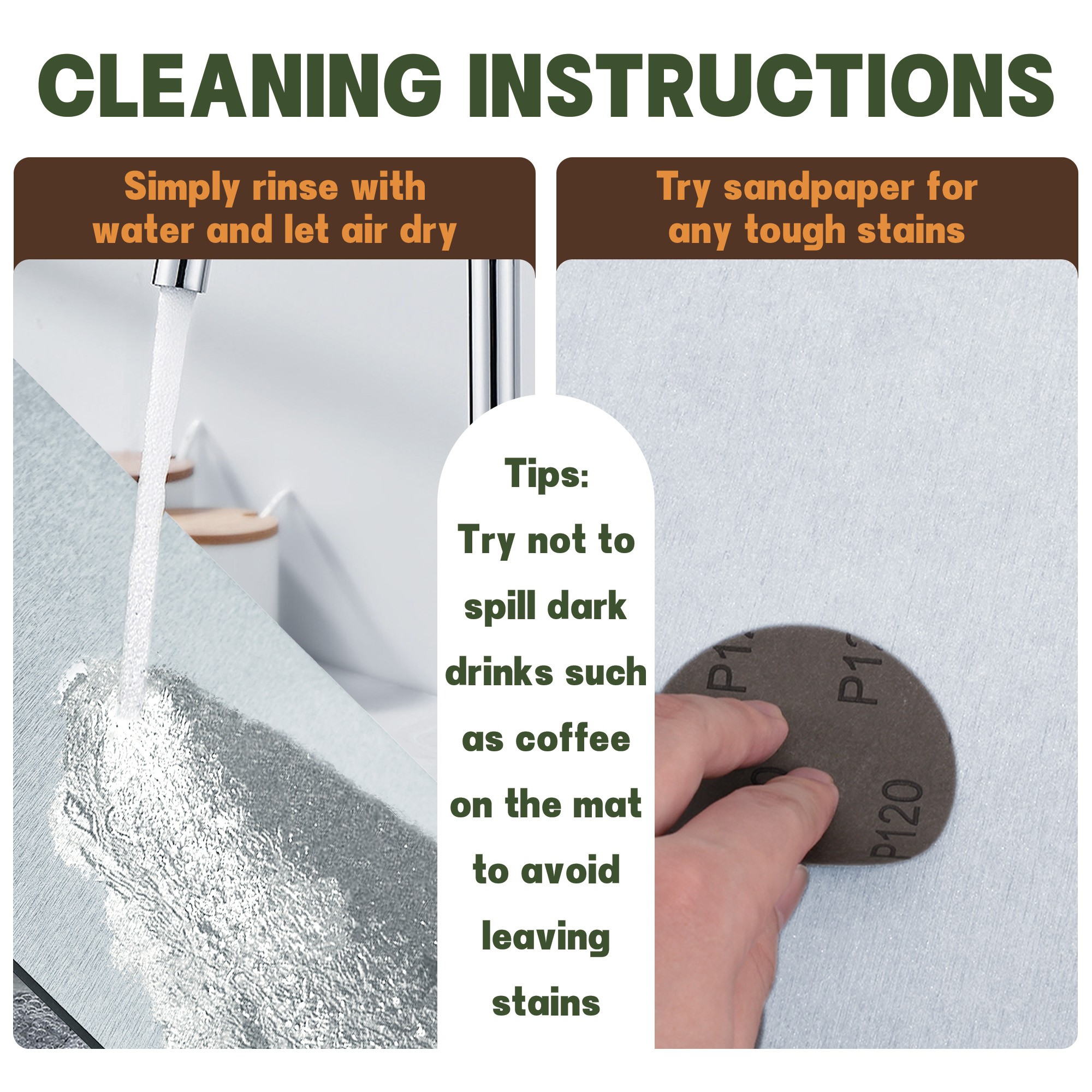 Stone Dish Drying Mat – Quick-Drying, Super-Absorbent Foldable Kitchen Pad with Silicone Webbing for Dish Protection, Fast Drying, Light Grey