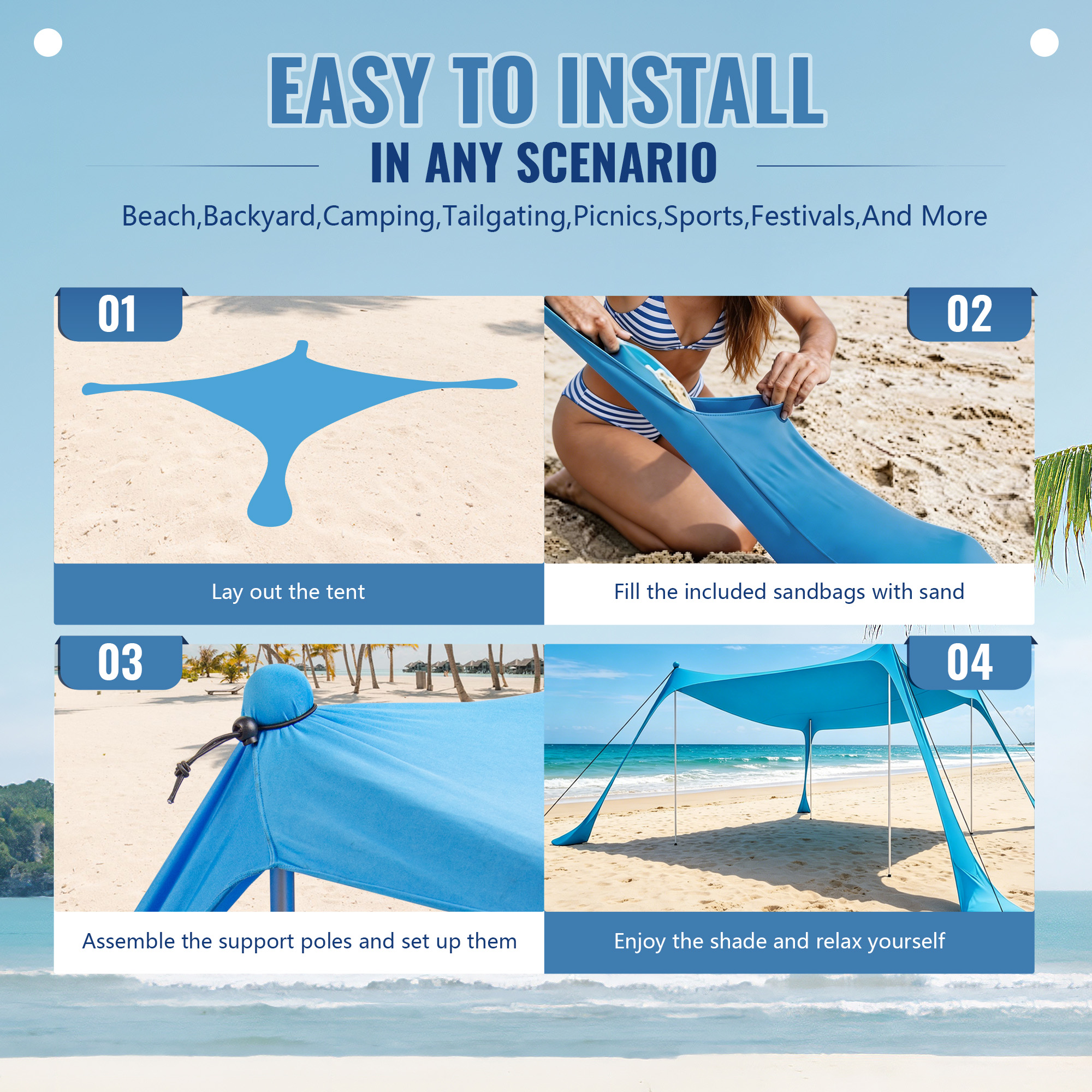 Beach Tent Sun Shelter UPF50+ - Easy Pop Up Beach Canopy - Outdoor Shade for Camping Trips, Fishing, Backyard Fun Picnics - Sand Shovel, Ground Pegs & Stability Poles, Indigo