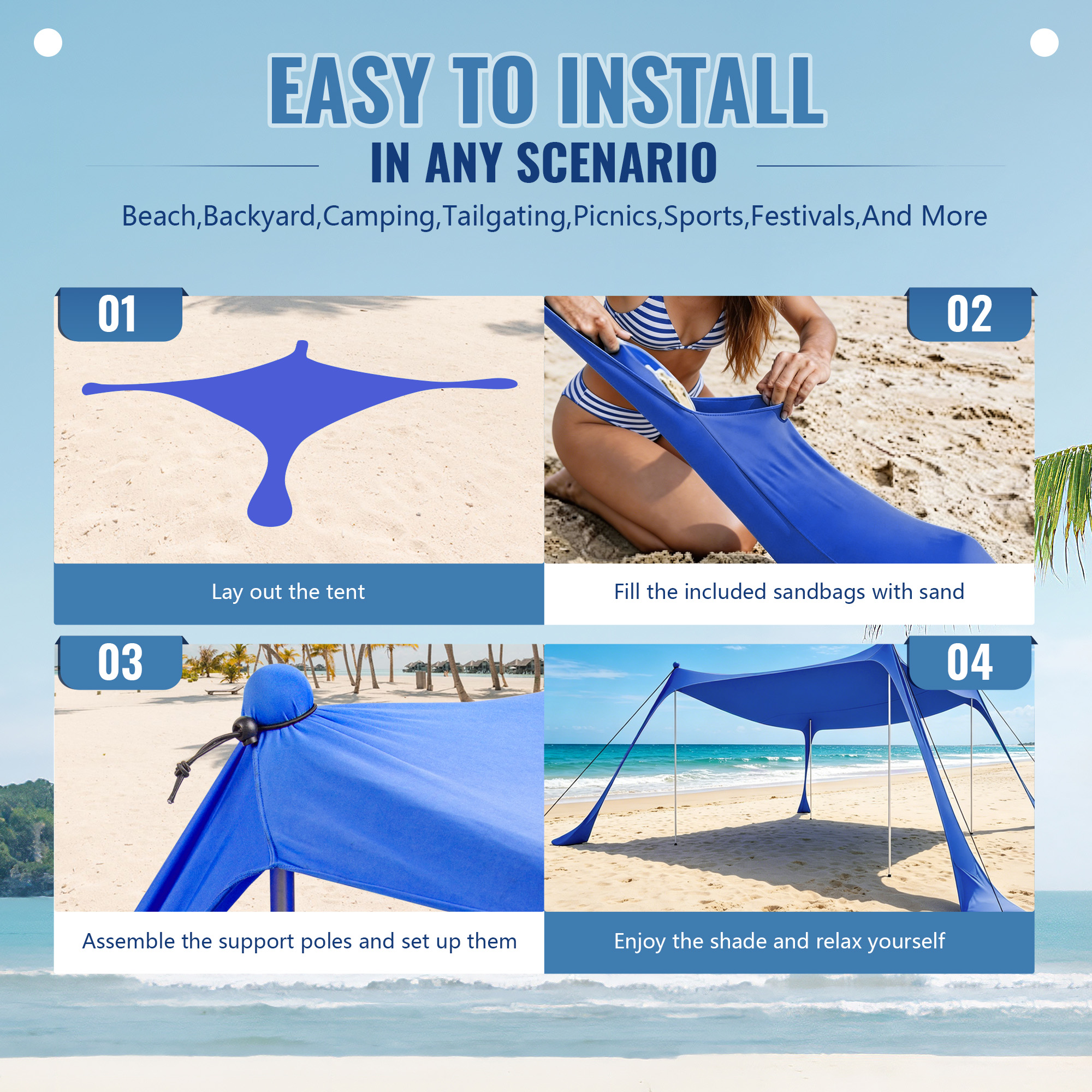 Beach Canopy Beach Tent UPF50+ 11x11 FT Easy to Setup Extra Windproof Rope Sun Shelter Beach Shade Canopy with 4 Stability Poles Outdoor Shade for Beach Camping Family