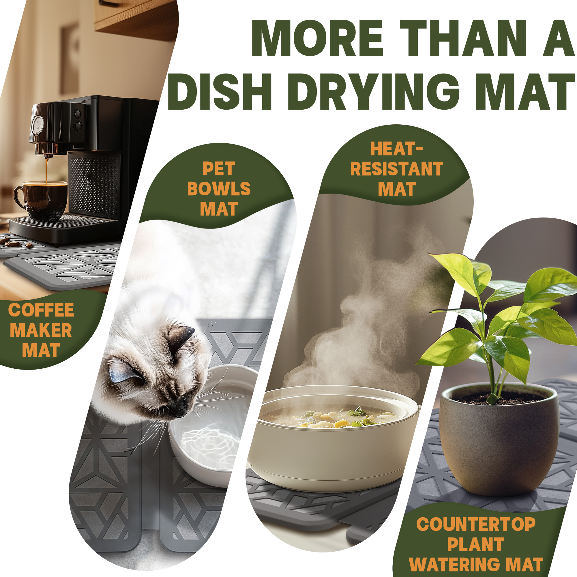 Stone Dish Drying Mat – Quick-Drying, Super-Absorbent Foldable Kitchen Pad with Silicone Webbing for Dish Protection, Fast Drying, Light Grey