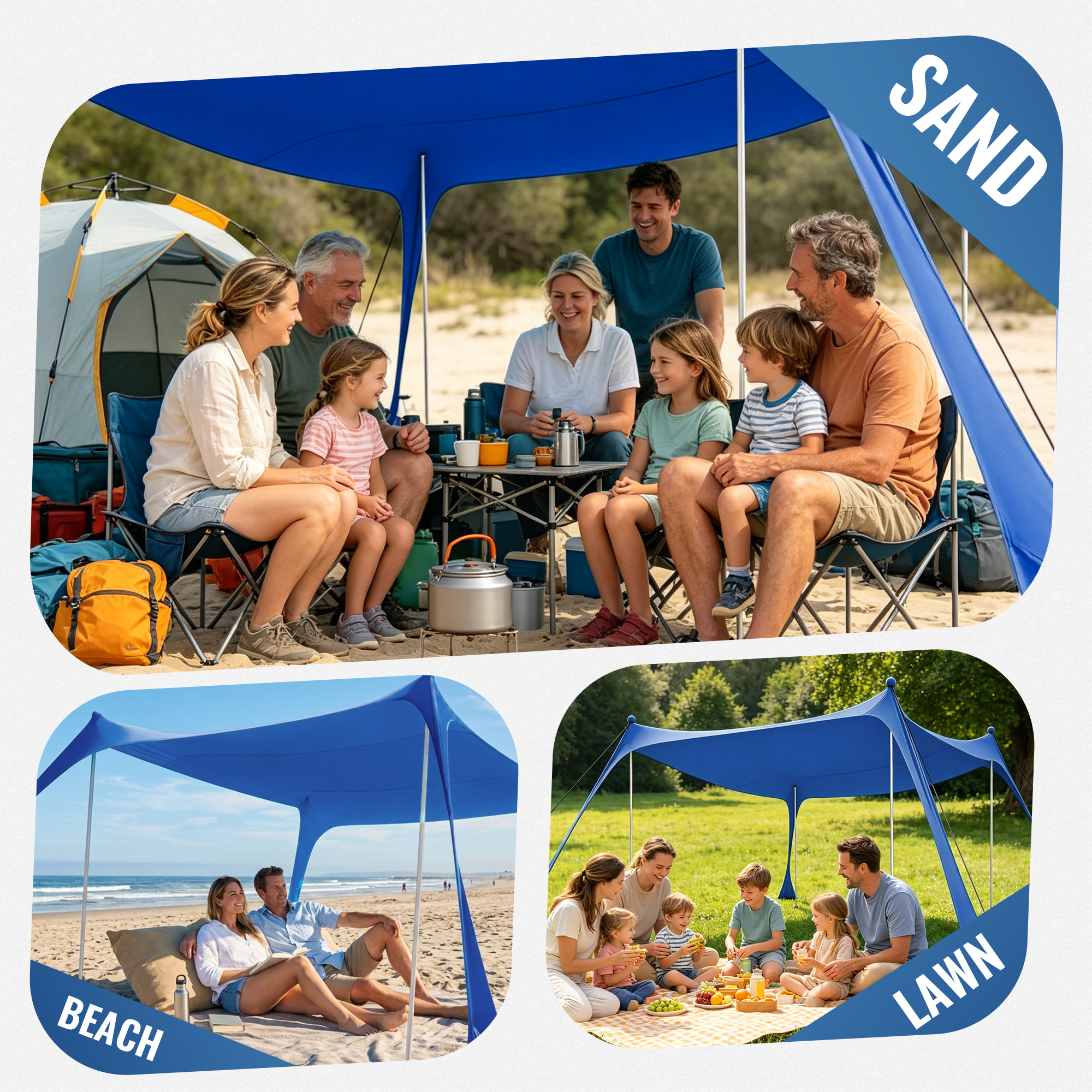 Beach Tent Sun Shelter UPF50+ - Easy Pop Up Beach Canopy - Outdoor Shade for Camping Trips, Fishing, Backyard Fun Picnics - Sand Shovel, Ground Pegs & Stability Poles, Indigo