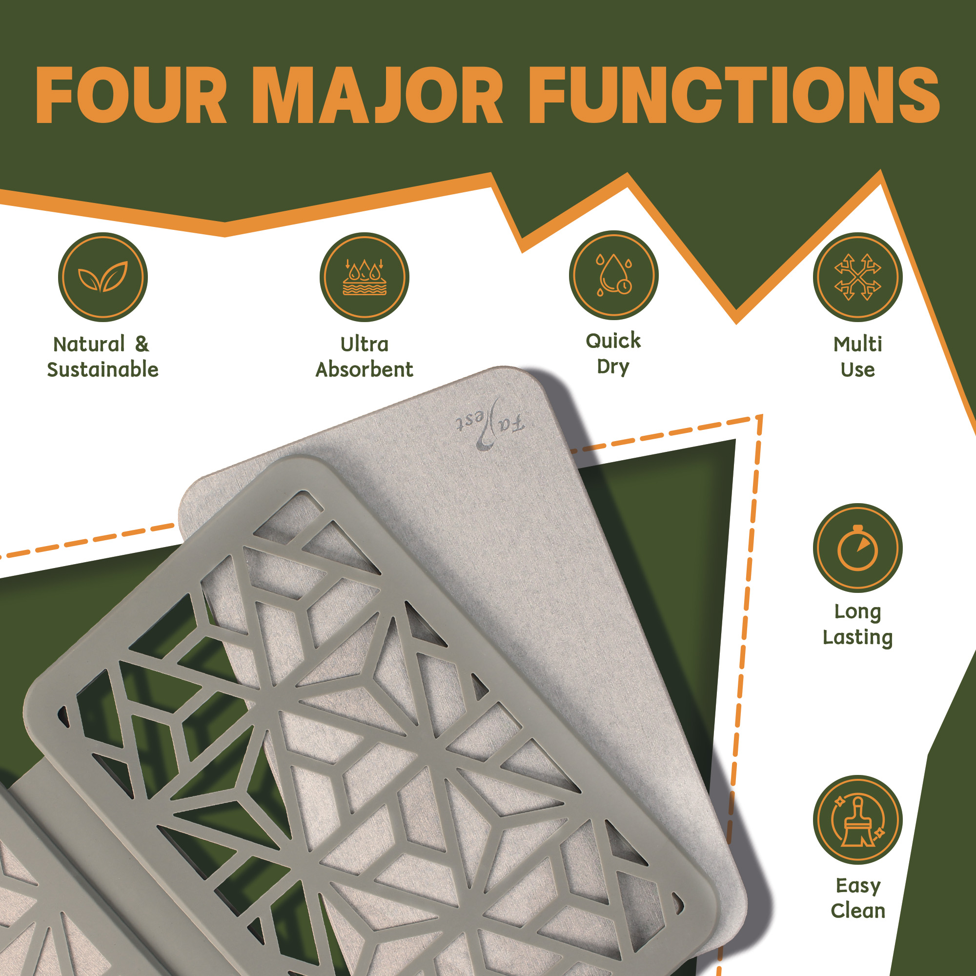 Stone Dish Drying Mat – Quick-Drying, Super-Absorbent Foldable Kitchen Pad with Silicone Webbing for Dish Protection, Fast Drying, Light Grey