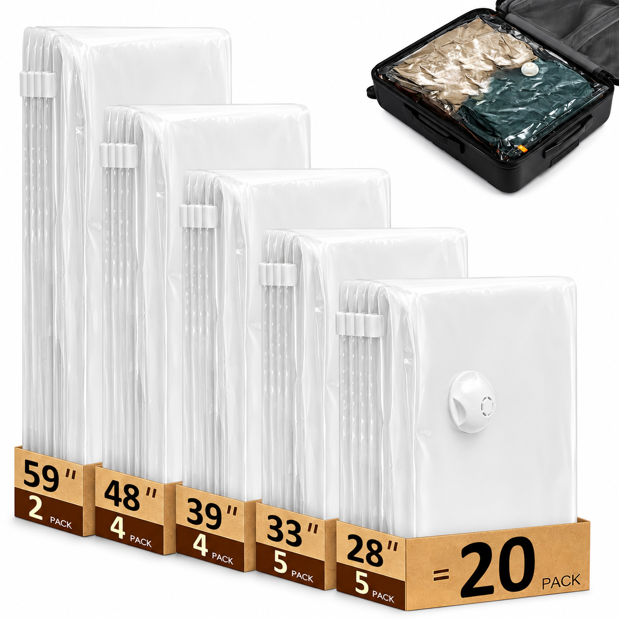 20 Pack Vacuum Storage Bags Space Saver Bags (2 XXL/4 Jumbo/4 Large/5 Medium/5 Small) Compression for Comforters and Blankets Sealer Clothes Storage