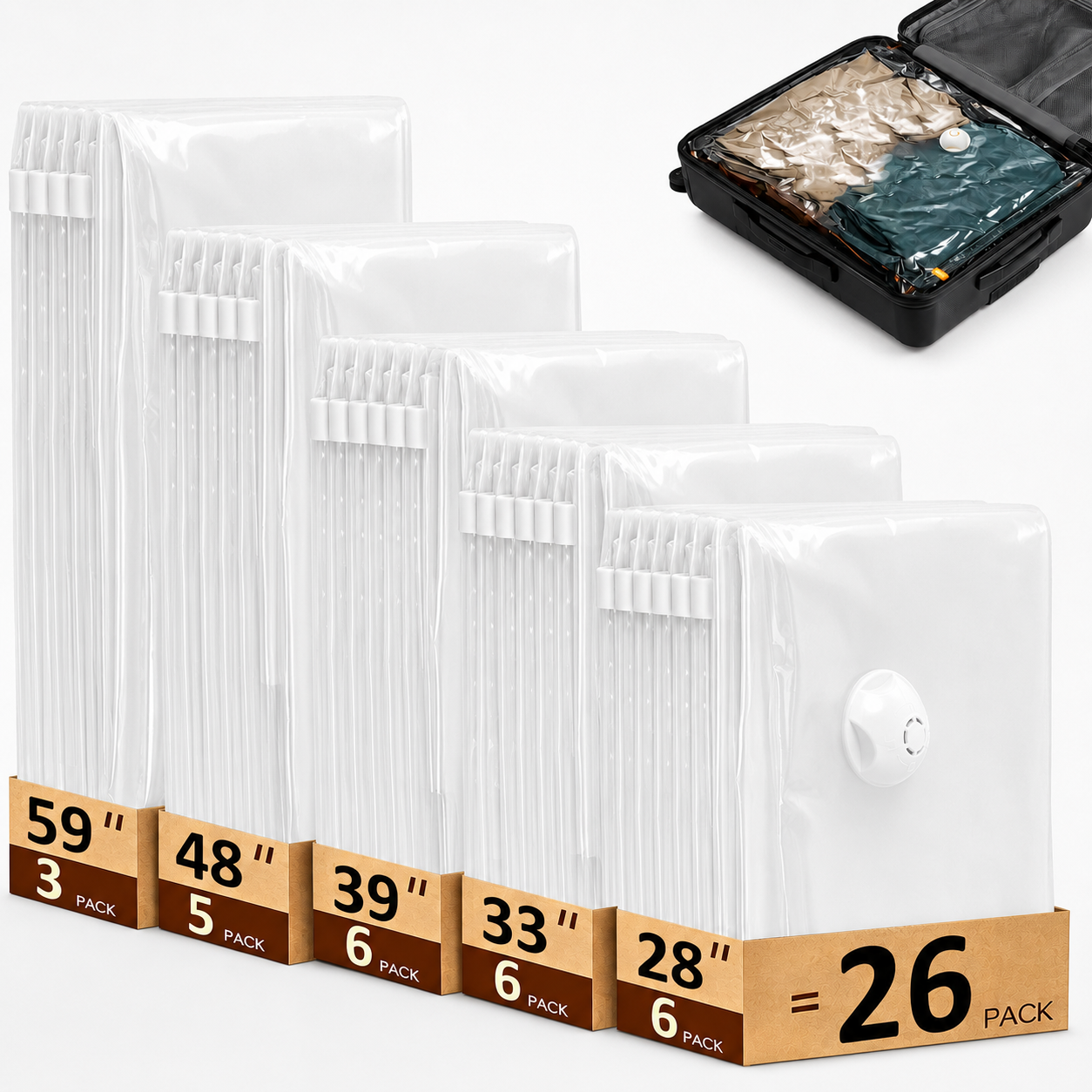 26 Pack Vacuum Storage Bags Space Saver Bags (3 XXL/5 Jumbo/6 Large/6 Medium/6 Small) Compression for Comforters and Blankets Sealer Clothes Storage