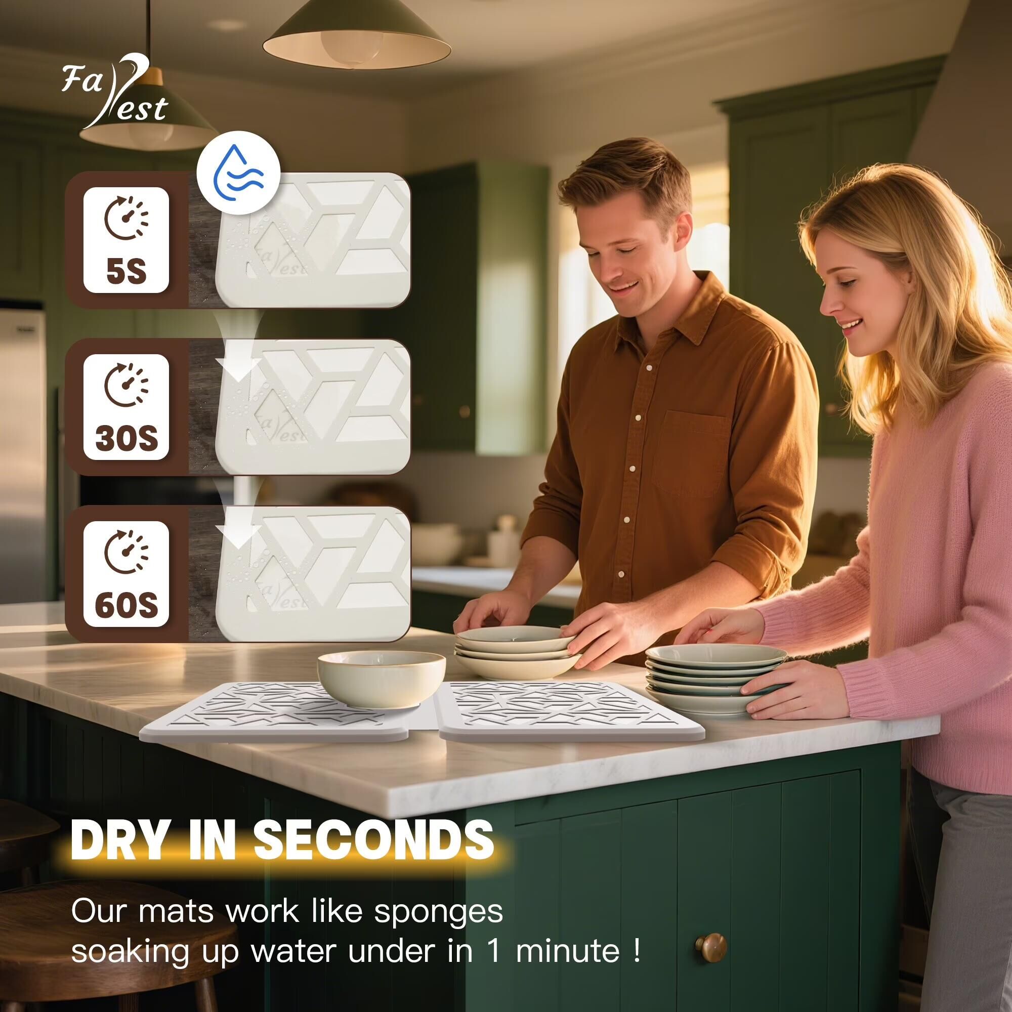Farest Stone Dish Drying Mat – Quick-Drying, Super-Absorbent Foldable Kitchen Pad with Silicone Webbing for Dish Protection, Fast Drying, Beige