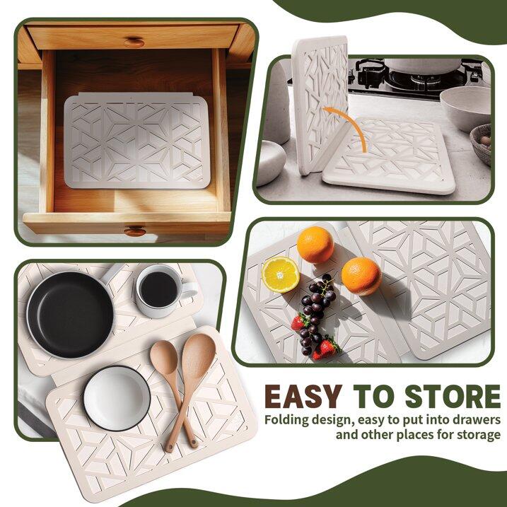 Farest Stone Dish Drying Mat – Quick-Drying, Super-Absorbent Foldable Kitchen Pad with Silicone Webbing for Dish Protection, Fast Drying, Beige