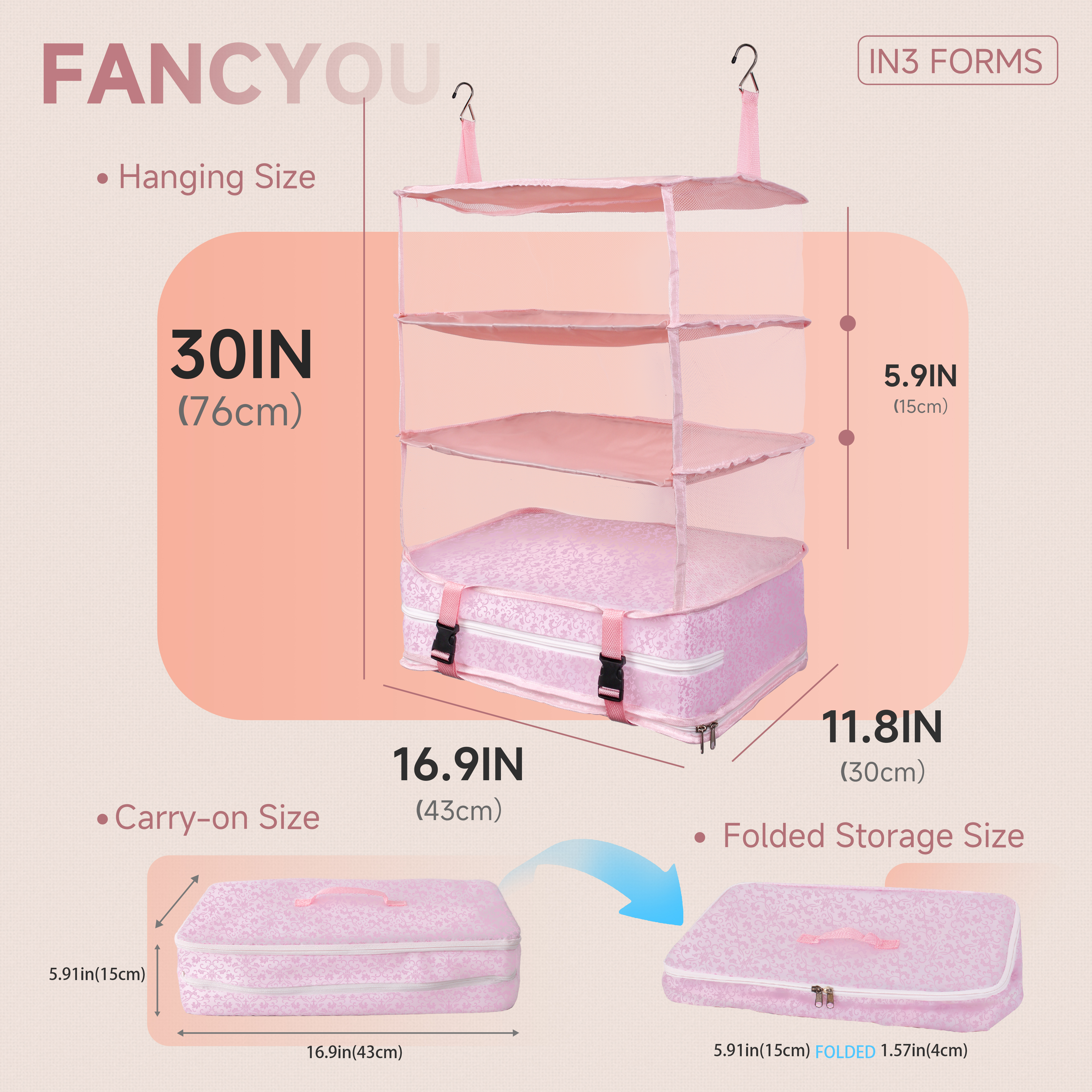 FaRest Polyester Hanging Packing Organizer, Pink, 1 Count