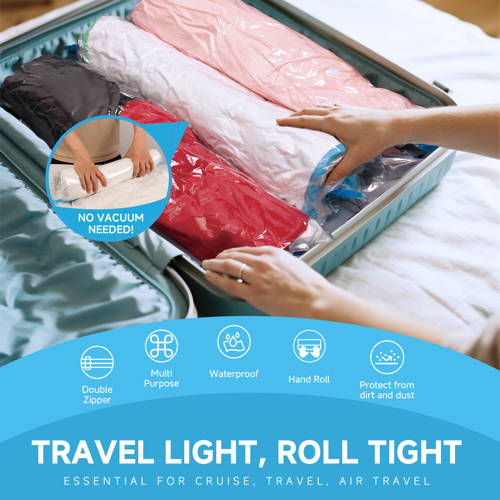 25 Pack Travel Roll Up Compression Storage Bags for Suitcases, No Pump Needed, Space Saver Compression Bags for Clothes, Home & Closet Organization