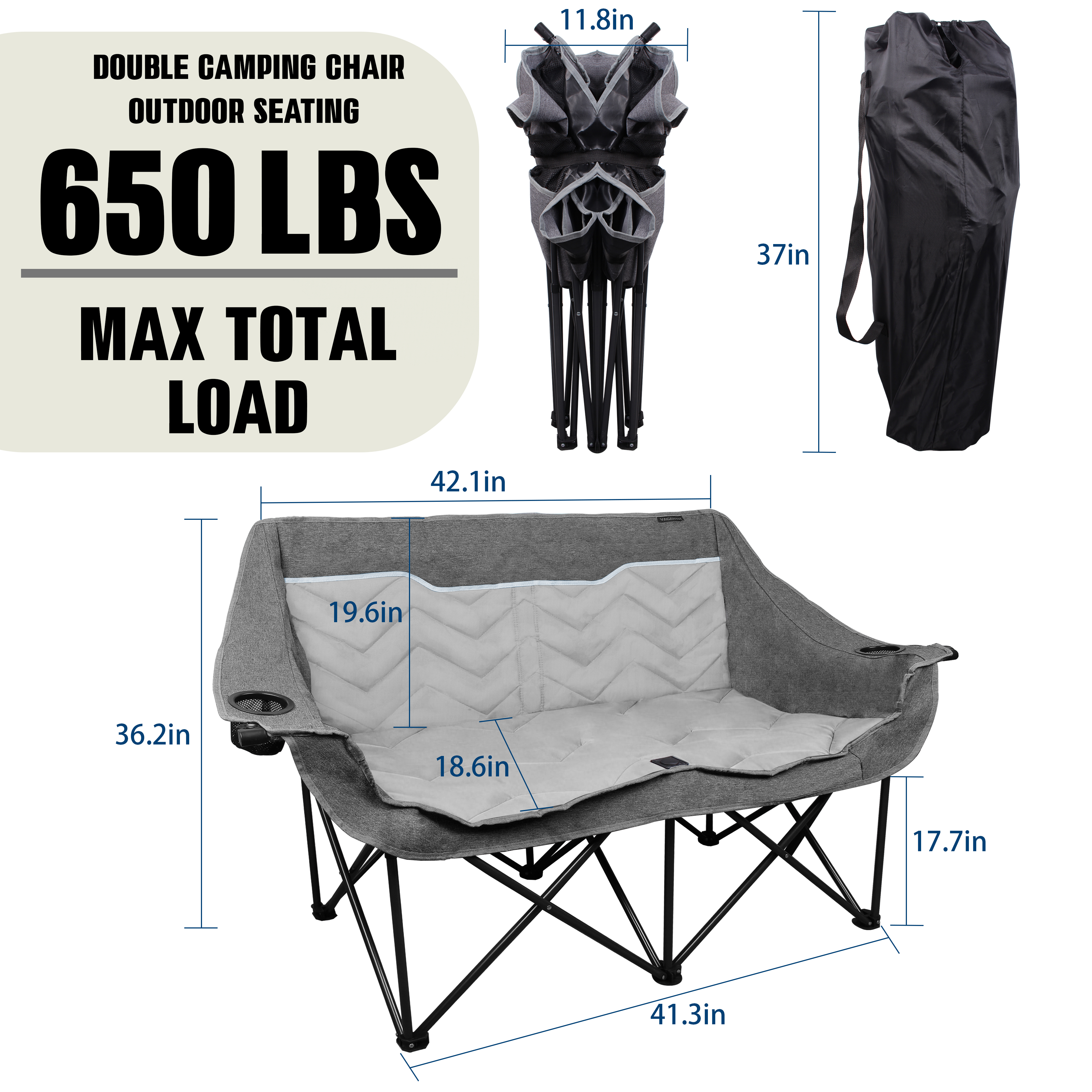 Oversized Fully Padded Camping Chair, Heavy Duty 650LB Folding Camping Loveseat, Quad Fold Double Camping Couch with Cup Holders & Carry Bag for Outdoor, Lawn, Sports Events