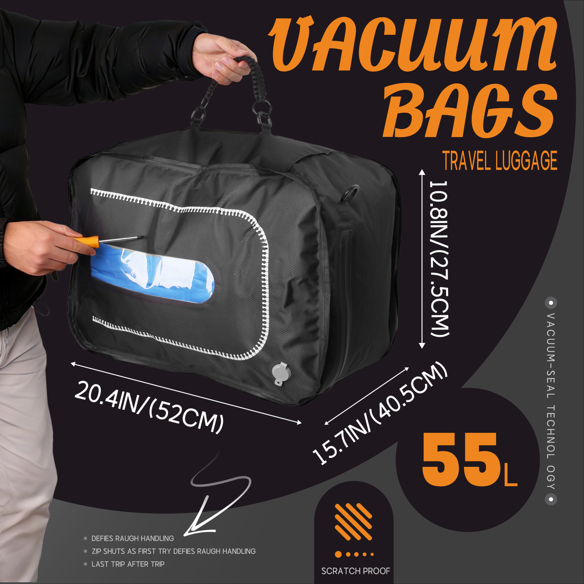 Vacuum Travel Kit, Reusable Vacuum Compression Travel Bag for Carry-On Suitcase and Backpack, 180° Open Vacuum Seal Packing Cube for Cloth, IPX7 Waterproof Travel Vacuum Bags with Pump(1PC+Pump, 49L)
