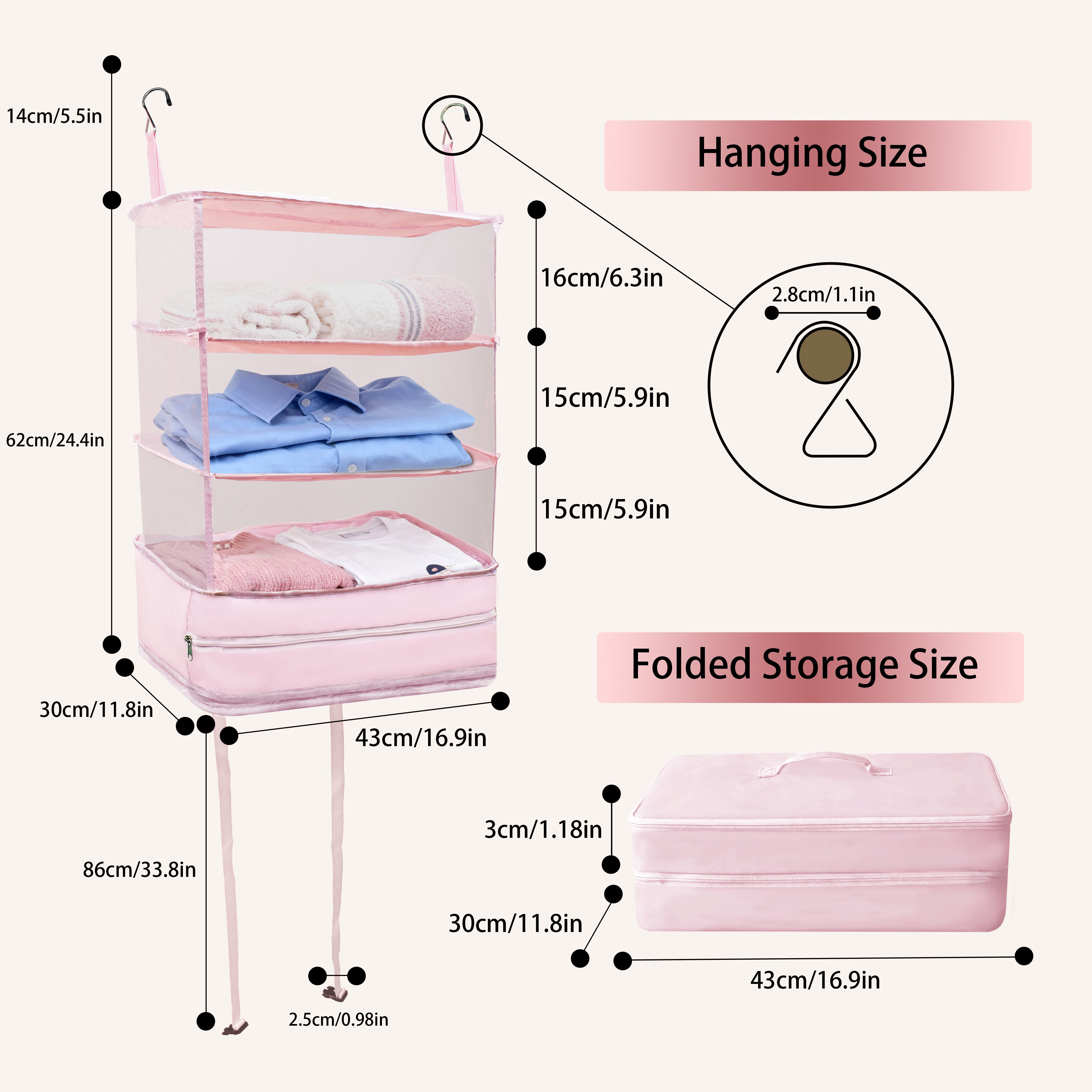 FaRest Polyester Carry on Hanging Travel Closet Organizer, Pink
